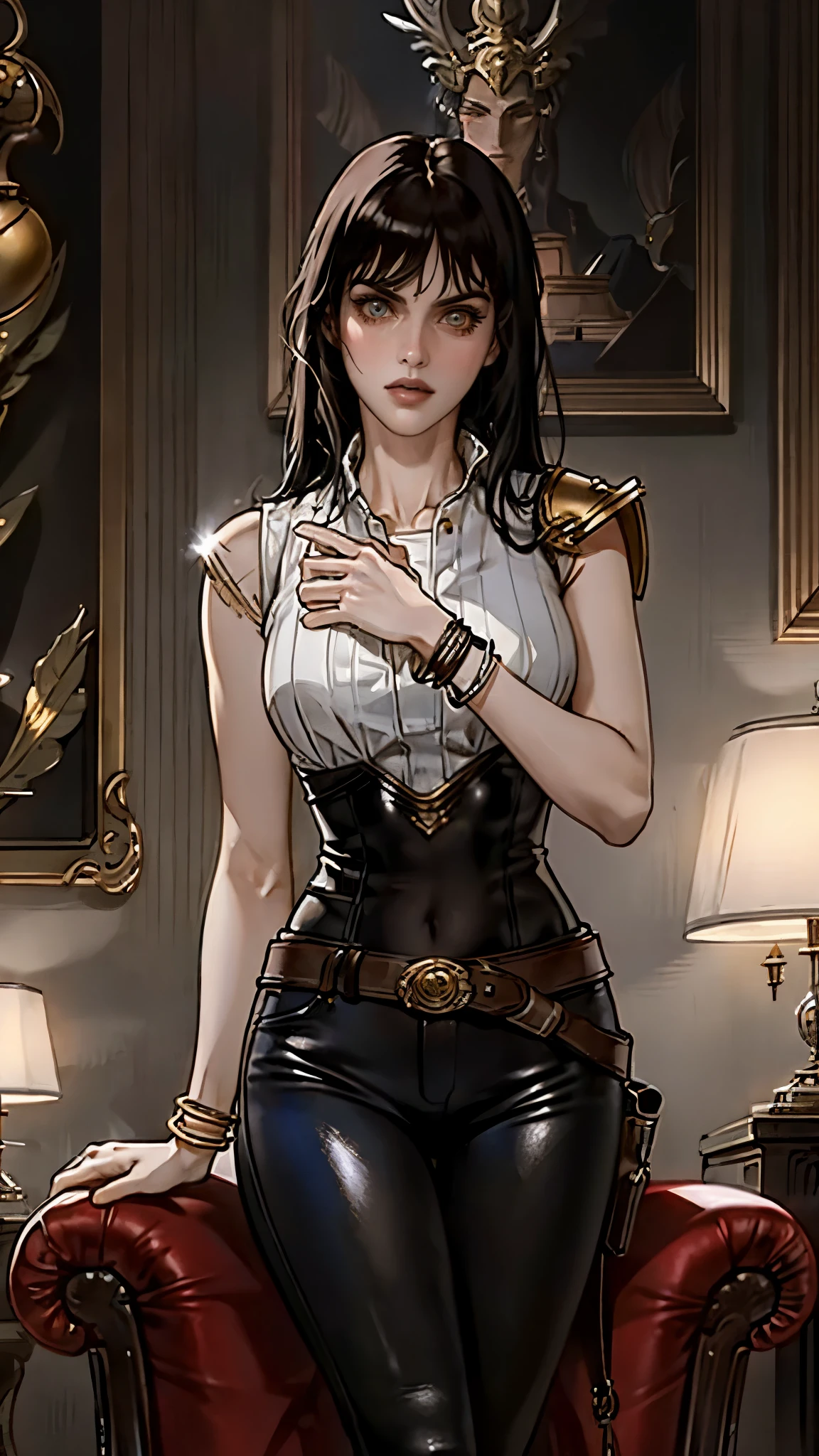 A beautiful woman with long shiny black hair, choppy bangs, a delicate face, a cold proud gaze, a fit figure, a fantasy-style high-necked leather breastplate top, sleeveless, exposes her waist, a bracelet adorns her wrist, tight-fitting leather pants, her right hand holds a Katana with a blue scabbard, she lounges casually sitting on a sofa, this character embodies a finely crafted fantasy-style bounty hunter in anime style, exquisite and mature manga art style, (Alexandra Daddario:1.2), high definition, best quality, highres, ultra-detailed, ultra-fine painting, extremely delicate, professional, anatomically correct, symmetrical face, extremely detailed eyes and face, high quality eyes, creativity, RAW photo, UHD, 32k, Natural light, cinematic lighting, masterpiece-anatomy-perfect, masterpiece:1.5