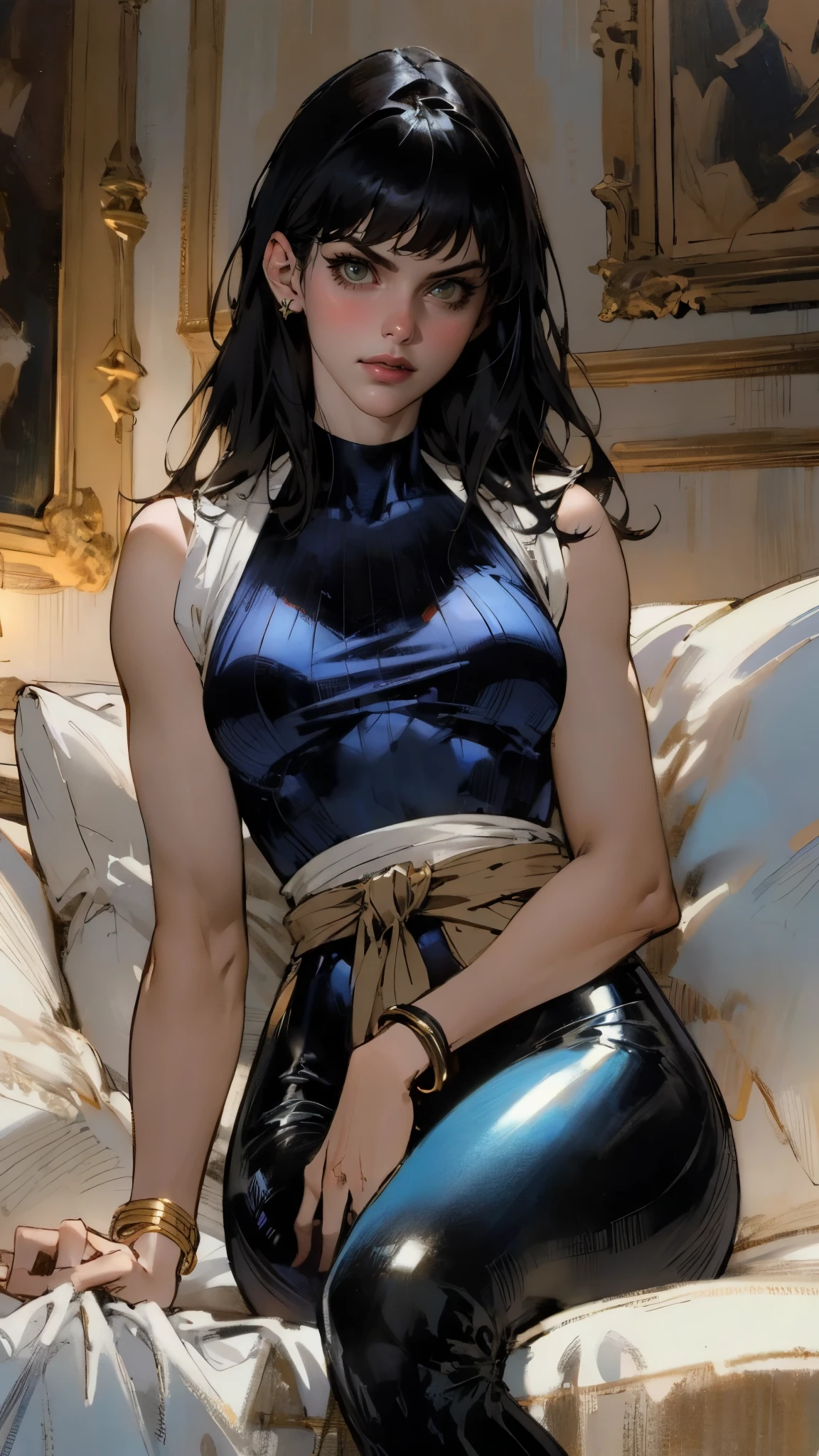 A beautiful woman with long shiny black hair, choppy bangs, a delicate face, a cold proud gaze, a fit figure, a fantasy-style high-necked leather breastplate top, sleeveless, exposes her waist, a bracelet adorns her wrist, tight-fitting leather pants, her right hand holds a Katana with a blue scabbard, she lounges casually sitting on a sofa, this character embodies a finely crafted fantasy-style bounty hunter in anime style, exquisite and mature manga art style, (Alexandra Daddario:1.2), high definition, best quality, highres, ultra-detailed, ultra-fine painting, extremely delicate, professional, anatomically correct, symmetrical face, extremely detailed eyes and face, high quality eyes, creativity, RAW photo, UHD, 32k, Natural light, cinematic lighting, masterpiece-anatomy-perfect, masterpiece:1.5