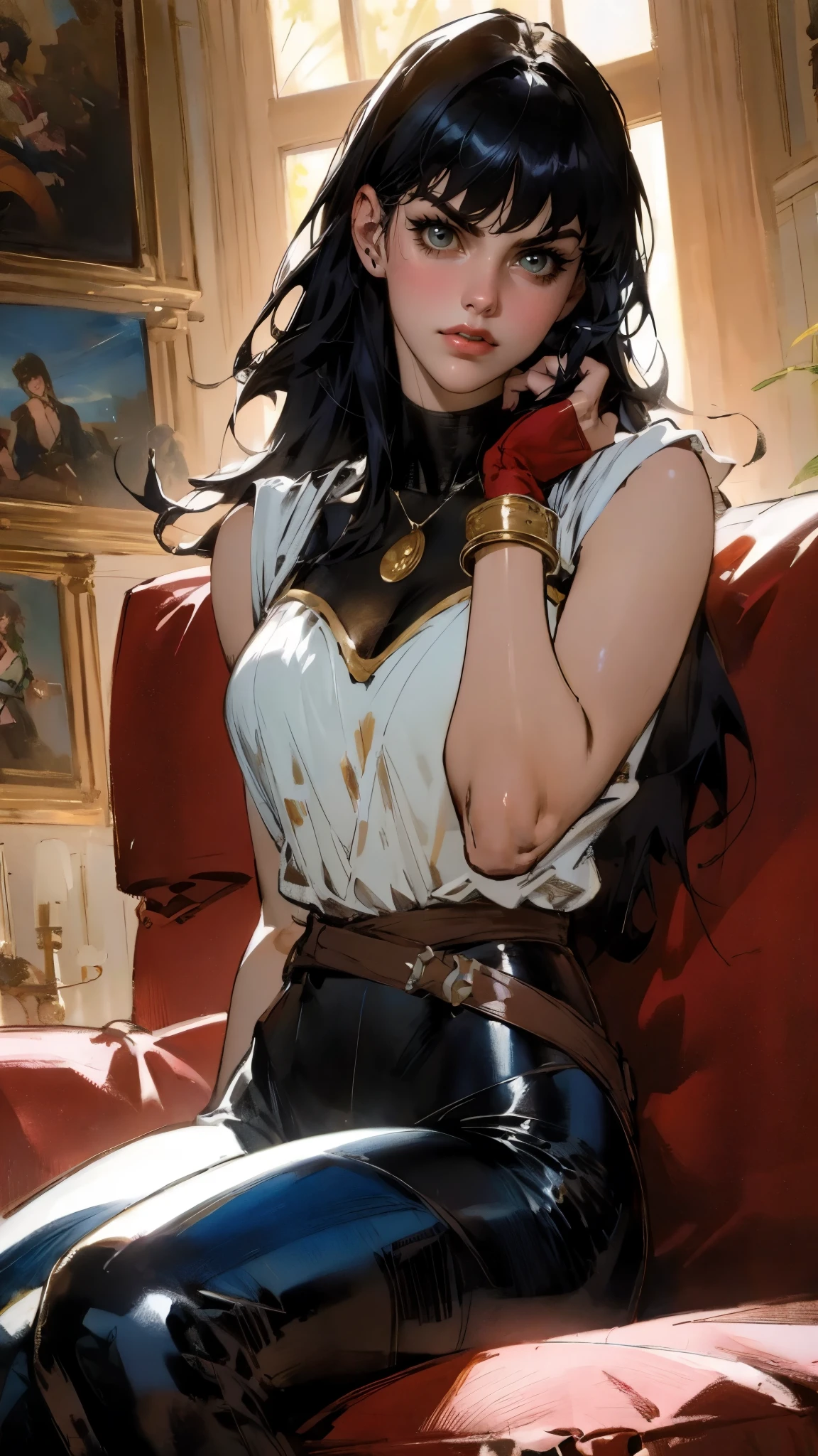 A beautiful woman with long shiny black hair, choppy bangs, a delicate face, a cold proud gaze, a fit figure, a fantasy-style high-necked leather breastplate top, sleeveless, exposes her waist, a bracelet adorns her wrist, tight-fitting leather pants, her right hand holds a Katana with a blue scabbard, she lounges casually sitting on a sofa, this character embodies a finely crafted fantasy-style bounty hunter in anime style, exquisite and mature manga art style, (Alexandra Daddario:1.2), high definition, best quality, highres, ultra-detailed, ultra-fine painting, extremely delicate, professional, anatomically correct, symmetrical face, extremely detailed eyes and face, high quality eyes, creativity, RAW photo, UHD, 32k, Natural light, cinematic lighting, masterpiece-anatomy-perfect, masterpiece:1.5