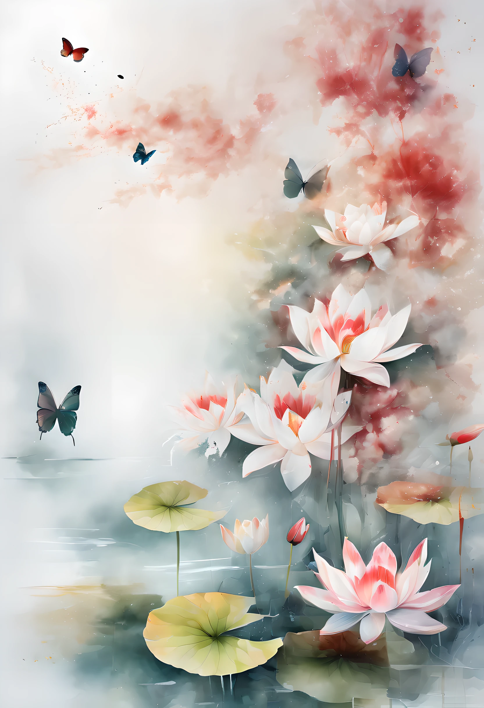 This abstract watercolor flower painting gives a light and refreshing visual effect。Lotus flowers and butterflies intertwined in the lake,Forming the perfect combination of nature and romance。The screen is dominated by a white background,Highlight isolated watercolor flower。Splash technology recreates wet conditions,The atmosphere seems vague and dreamy。Unique composition and abstract expression add to the artistic feel of the picture,Contains elements of surrealism。The overall color tone is mainly light tones,Red and gold complement each other,Show high-resolution details。The splash-ink effect adds a touch of agility to the picture,The light color gives the flowers a deep and restrained beauty..