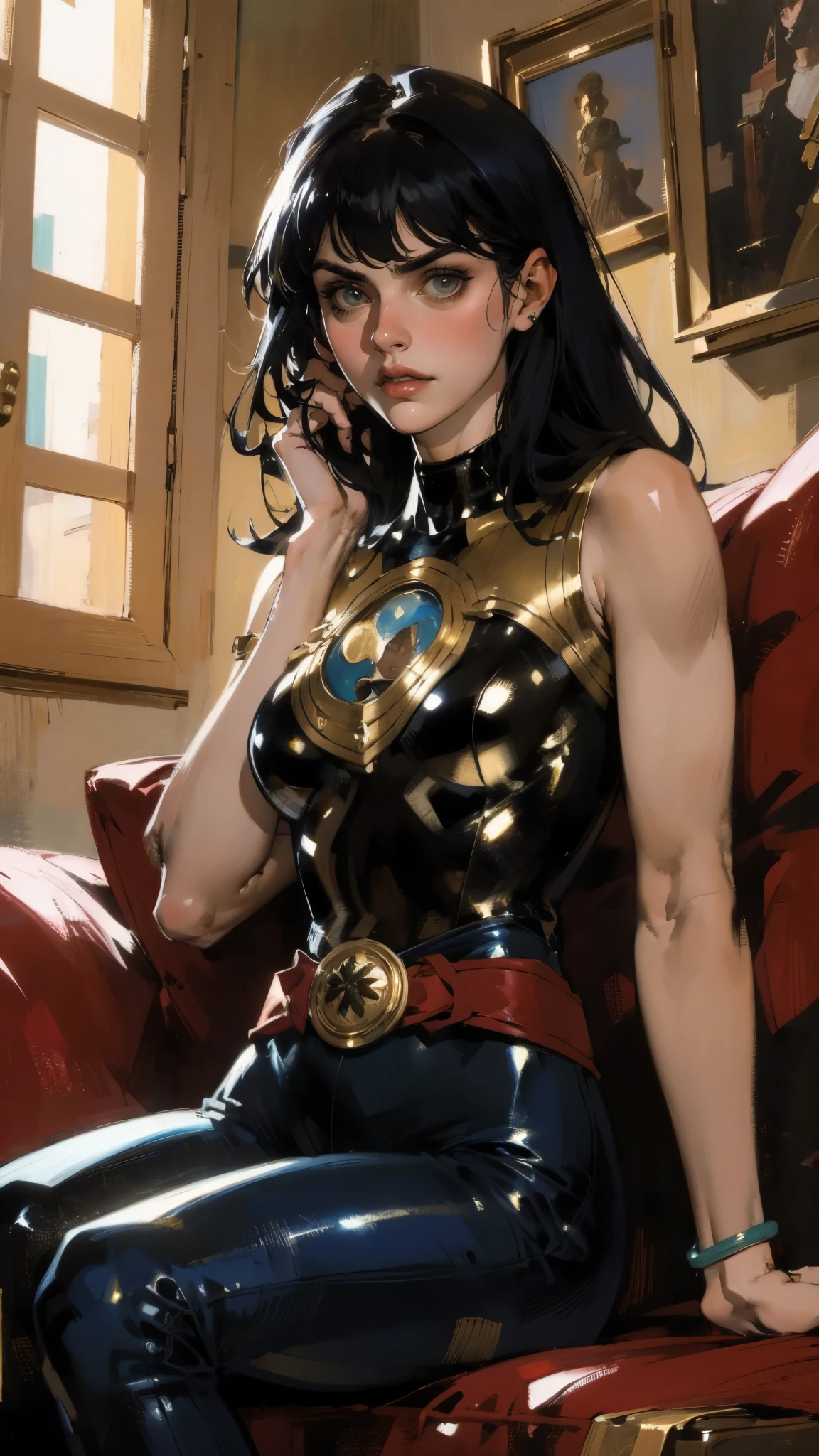 A beautiful woman with long shiny black hair, choppy bangs, a delicate face, a cold proud gaze, a fit figure, a fantasy-style high-necked leather breastplate top, sleeveless, exposes her waist, a bracelet adorns her wrist, tight-fitting leather pants, her right hand holds a Katana with a blue scabbard, she lounges casually sitting on a sofa, this character embodies a finely crafted fantasy-style bounty hunter in anime style, exquisite and mature manga art style, (Alexandra Daddario:1.2), high definition, best quality, highres, ultra-detailed, ultra-fine painting, extremely delicate, professional, anatomically correct, symmetrical face, extremely detailed eyes and face, high quality eyes, creativity, RAW photo, UHD, 32k, Natural light, cinematic lighting, masterpiece-anatomy-perfect, masterpiece:1.5