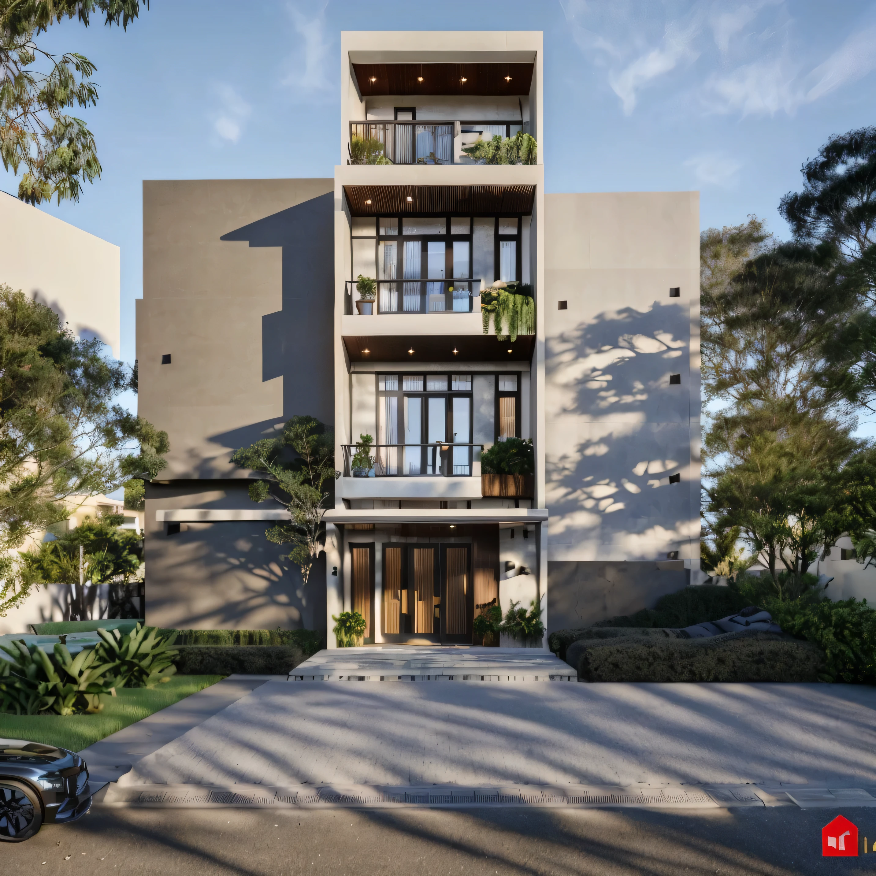 Townhouse in city, daylight,warm light, (sharp focus) front view of townhouse in style of modern, Vietnamese architecture ,mutual colours, soft lighting, warm atmosphere,high Resolution, hyper detailed,8k, hdr, ,vray render, hyper realistic,exterior design , professional photography, exterior photography,wide-angle shot , ultra detail, real world location, road sign, cityscape, pavement, ground vehice, cloudy sky. doors and windows are made by Xingfa. bancony have many trees , ivys, palms. black iron frame. wooden ceiling, ceiling light, black iron gate, iron railing, fence walls is made by black stone