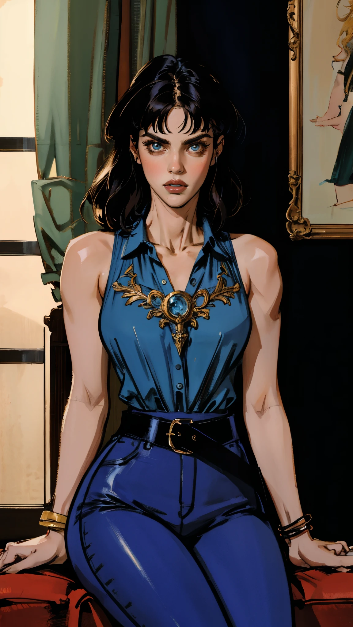 A beautiful woman with long shiny black hair, choppy bangs, a delicate face, a cold proud gaze, a fit figure, a fantasy-style high-necked leather breastplate top, sleeveless, exposes her waist, a bracelet adorns her wrist, tight-fitting leather pants, her right hand holds a Katana with a blue scabbard, she lounges casually sitting on a sofa, this character embodies a finely crafted fantasy-style bounty hunter in anime style, exquisite and mature manga art style, (Alexandra Daddario:1.2), high definition, best quality, highres, ultra-detailed, ultra-fine painting, extremely delicate, professional, anatomically correct, symmetrical face, extremely detailed eyes and face, high quality eyes, creativity, RAW photo, UHD, 32k, Natural light, cinematic lighting, masterpiece-anatomy-perfect, masterpiece:1.5