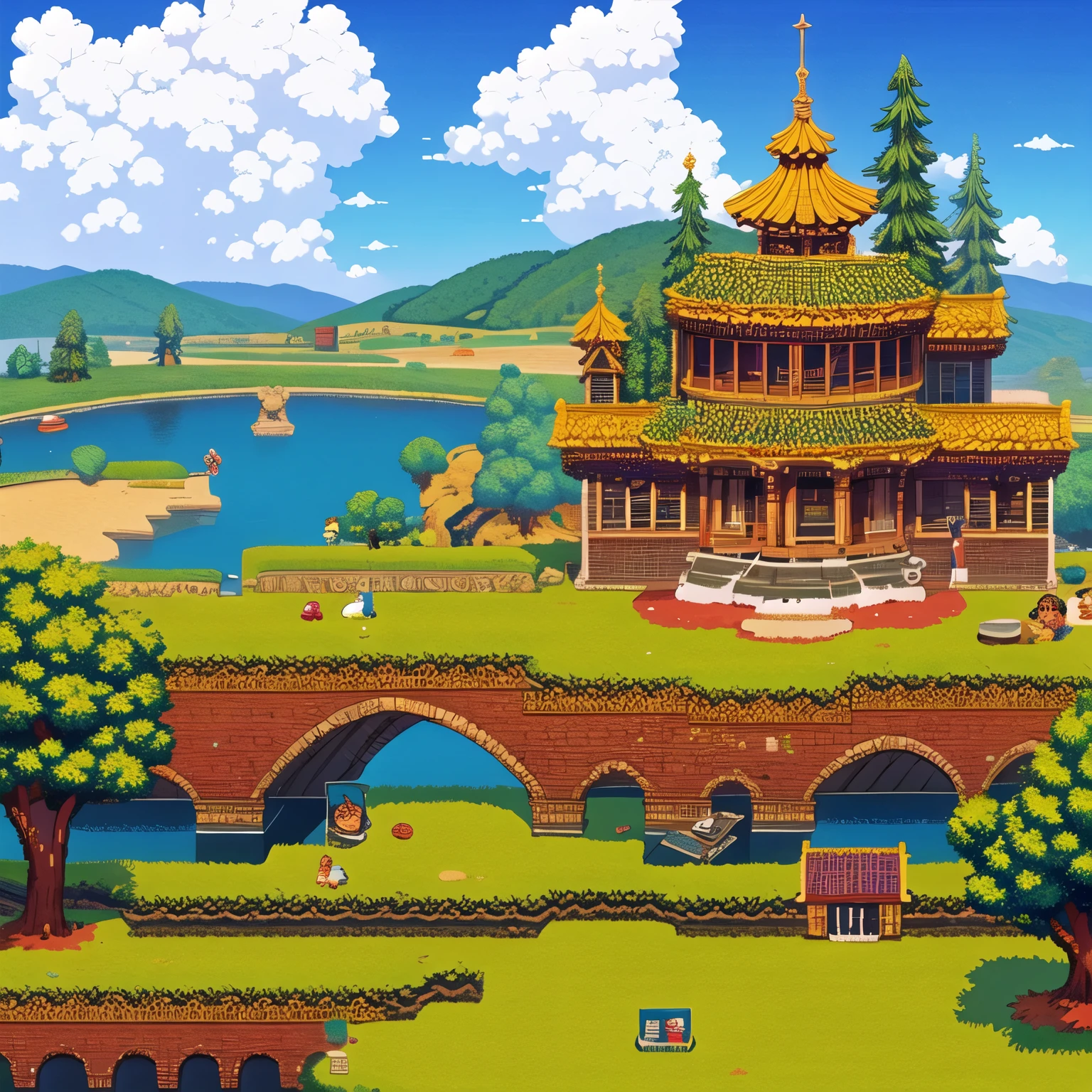 (masterpiece, best quality:1.2), architecture, pixel art,river,Sky,cloud