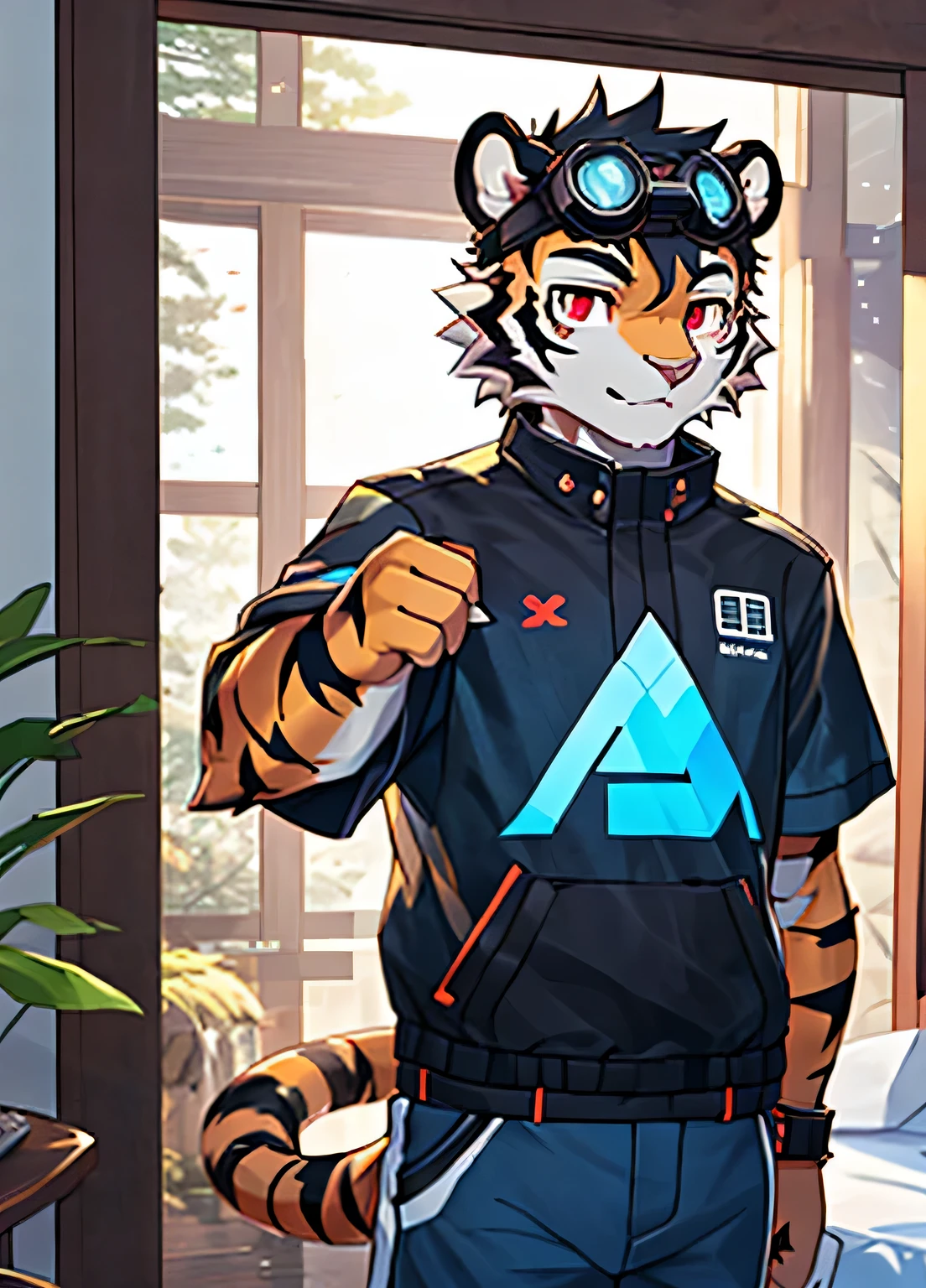 hairy，Tiger，younge boy，young，red eyes，No hats，Wearing blue tech goggles，bedroom，Cai Xukun&#39;s，cool reflective clothing，CG，4K，fair