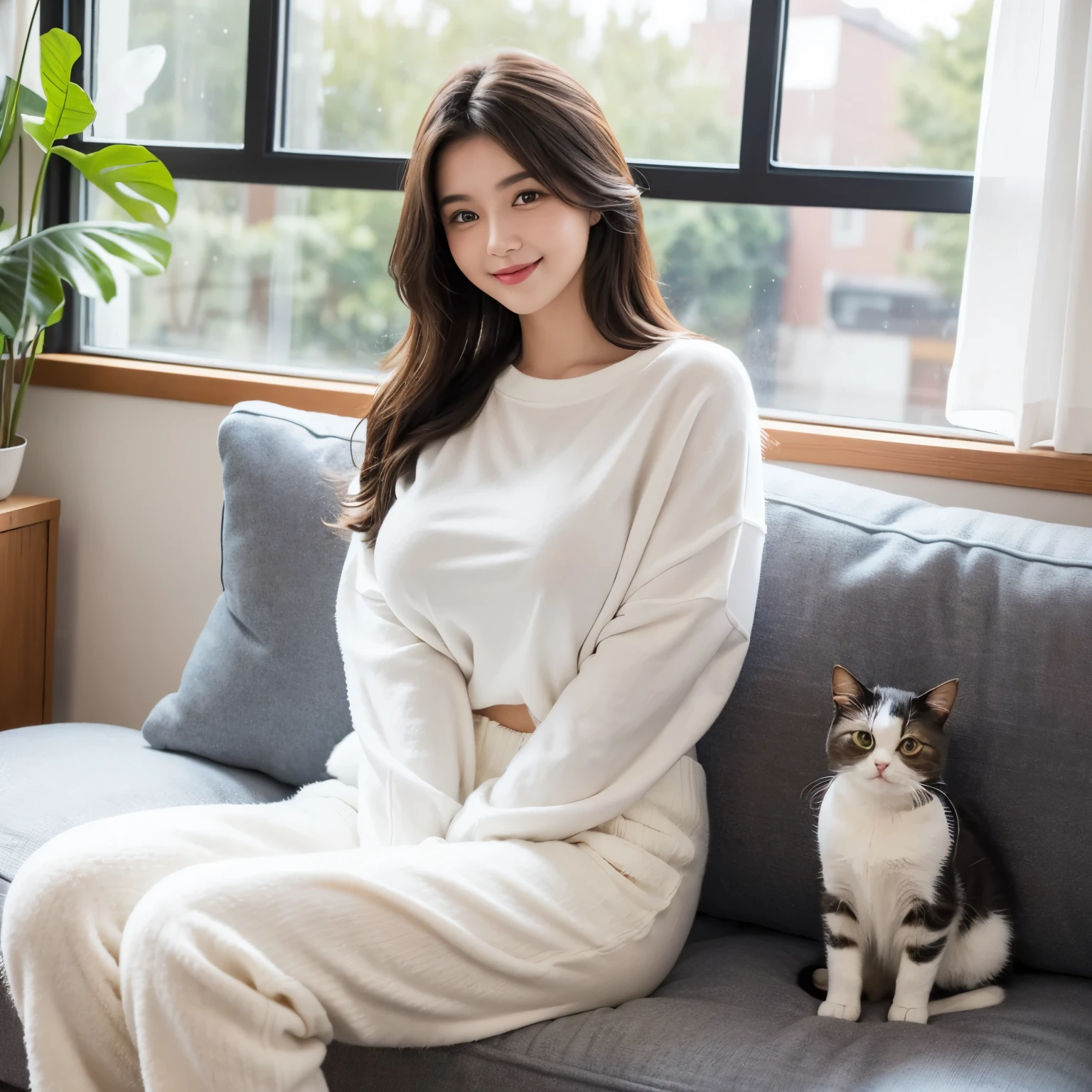 20 year old girl, beautiful girl,big breast,oversized woollen fluffy t-shirts and fluffy pant, set on L-Shape sofa, window side, beautiful wall with a painting, 1 cat,cat,she hold a cat, cat with her,black and white cat , cute smile,photorealistic, apartment room hall,