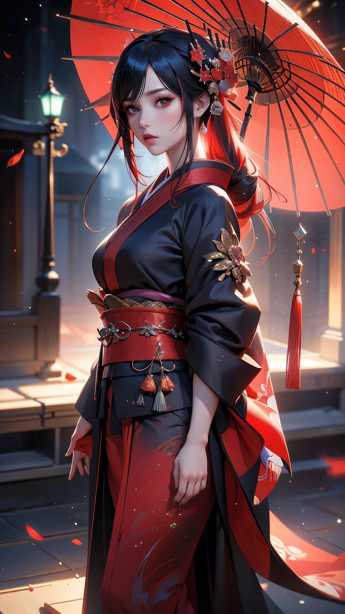 {-erro_de_anatomy:1.0}, Mujer arafed con un kimono y un paraguas rojo., ross tran 8 k, obra de arte al estilo de guweiz,( geisha ciberpunk:1.4) , (hermosa obra de arte digital:1.2) , cinematographic. por leng jun, CGsociety y Fenghua Zhong, obra maestra de guweiz, Obra maestra de la sociedad CG, (red and cinematographic lighting) , guweiz, sociedad cg 8K, (dedos detailed) ,( colores brillantes),( kimono rojo :1.4)