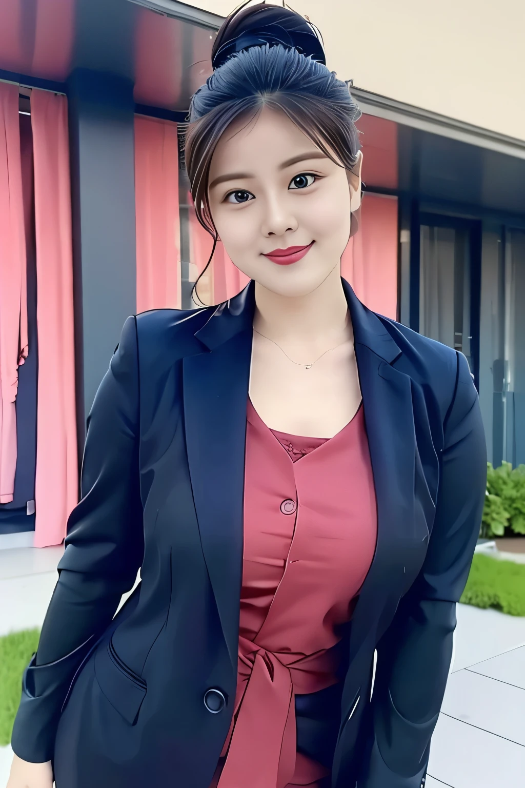 (top quality、8k、masterpiece:1.3))、30-year-old Korean woman,sharp focus, High level of image quality, high resolution,facial focus,Portrait ID photo,Upper body photo。Draw lips correctly, red lipstick,Wear a red shirt,white tie,gray suit。wavy long hair,hair tied up,ponytail,Mature,charming smile,Pink warm color background,solid color background
