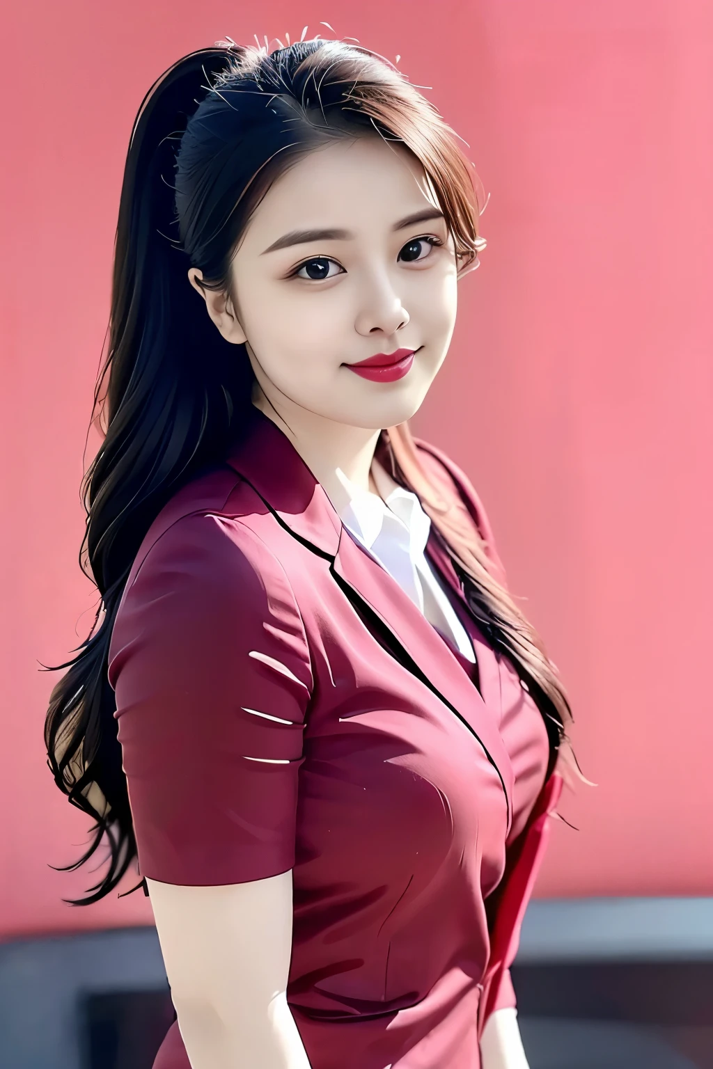(top quality、8k、masterpiece:1.3))、30-year-old Korean woman,sharp focus, High level of image quality, high resolution,facial focus,Portrait ID photo,Upper body photo。Draw lips correctly, red lipstick,Wear a red shirt,white tie,gray suit。wavy long hair,hair tied up,ponytail,Mature,charming smile,Pink warm color background,solid color background
