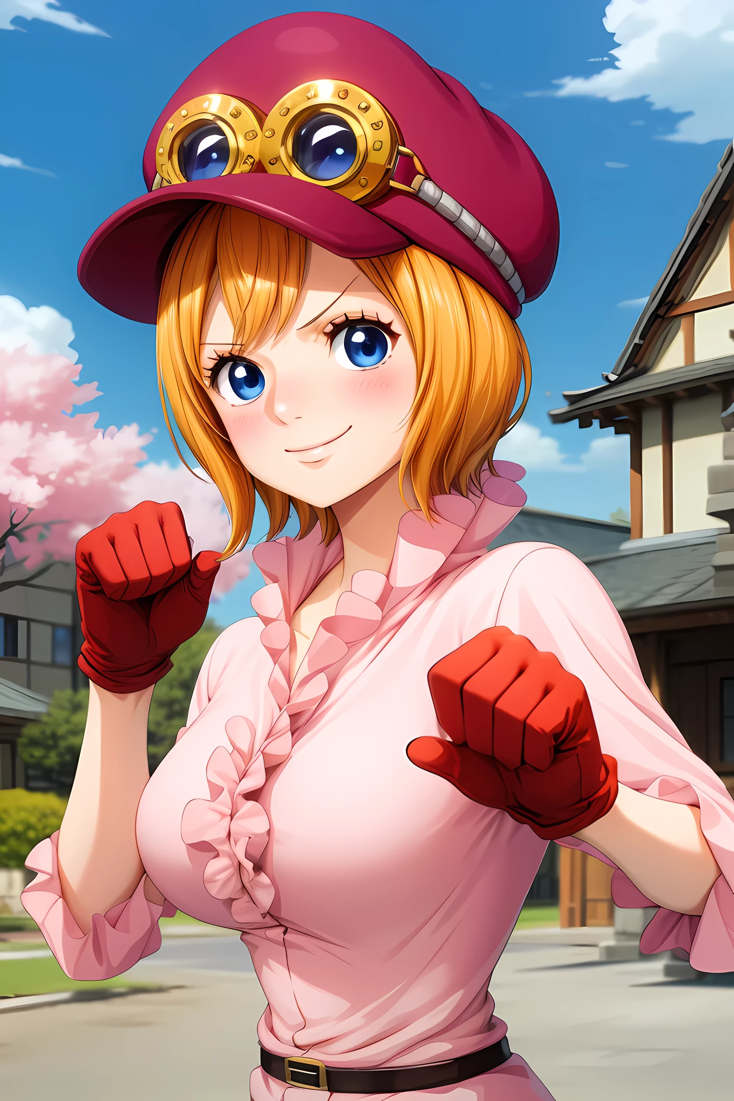 master piece, best quality, 8k, ultra high resolution, highest quality, anime style, best writing, beautiful face, masterpiece、high resolution、Super detailed、koala \(one piece\)、(slender face:1.3), best hand, best fingers, best eyes, beautiful makeup, (charming eyes:1.3), , hat、cabbie hat、goggles on hat、short hair、blue eyes、big breasts、shirt、ruffle shirt、pink shirt、gloves、brown gloves、belt、skirt、red skirt、ruffle skirt、outdoor, deserted island, There are a few private houses、(upper body:1.3)、best smile、blush, (fighting pose:1.3)