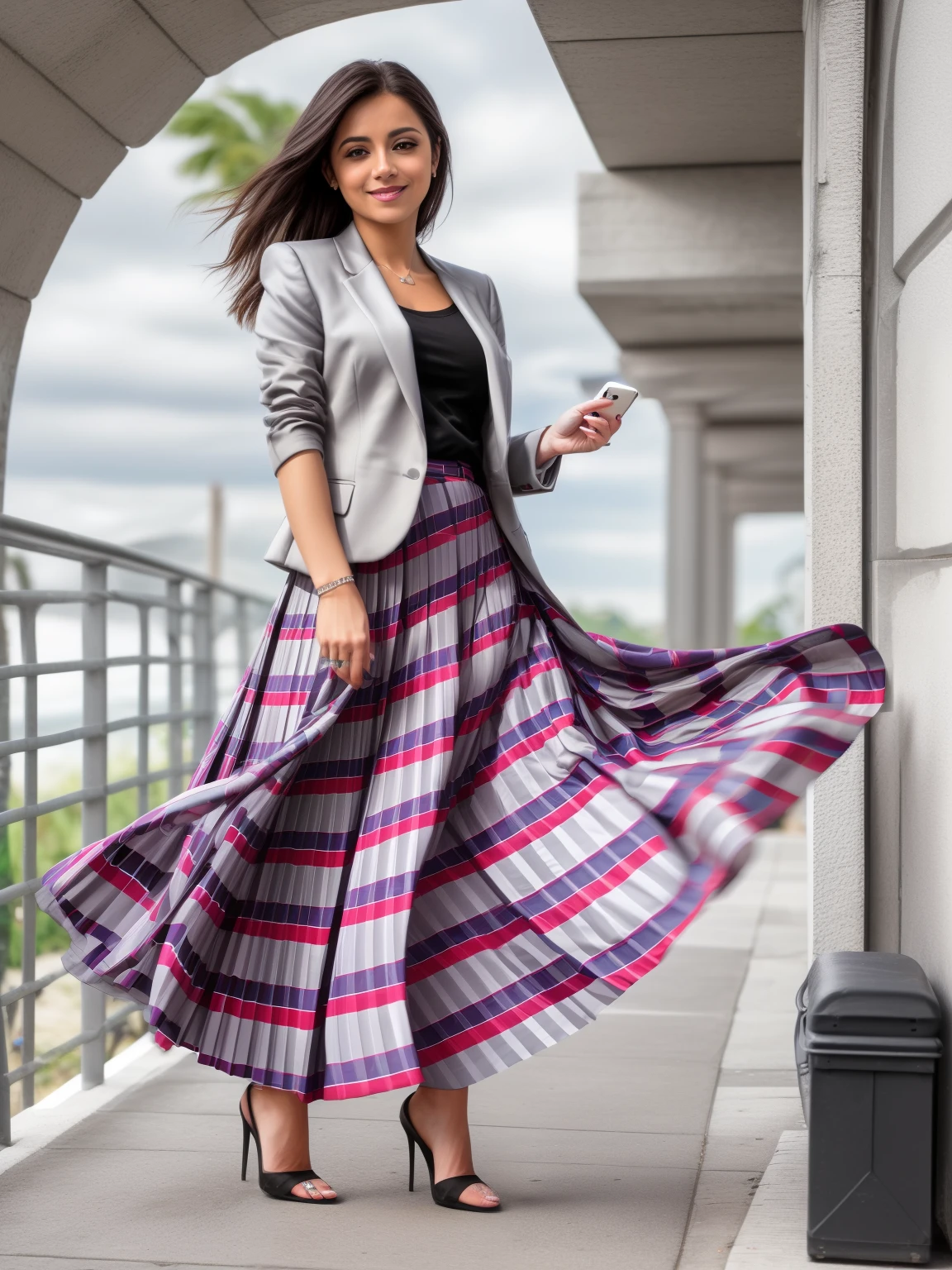 (8k hd, dslr, alta fidelidade, f/8, fotografia iso 100 de uma proposta, compassivo, tipo, provocante, shy smile, Atraente, bonito, linda mulher de cabelos longos, cabelos preto ondulado,she is wearing a long pleated skirt and a short blazer), (vento soprando, ventoso:0,1)