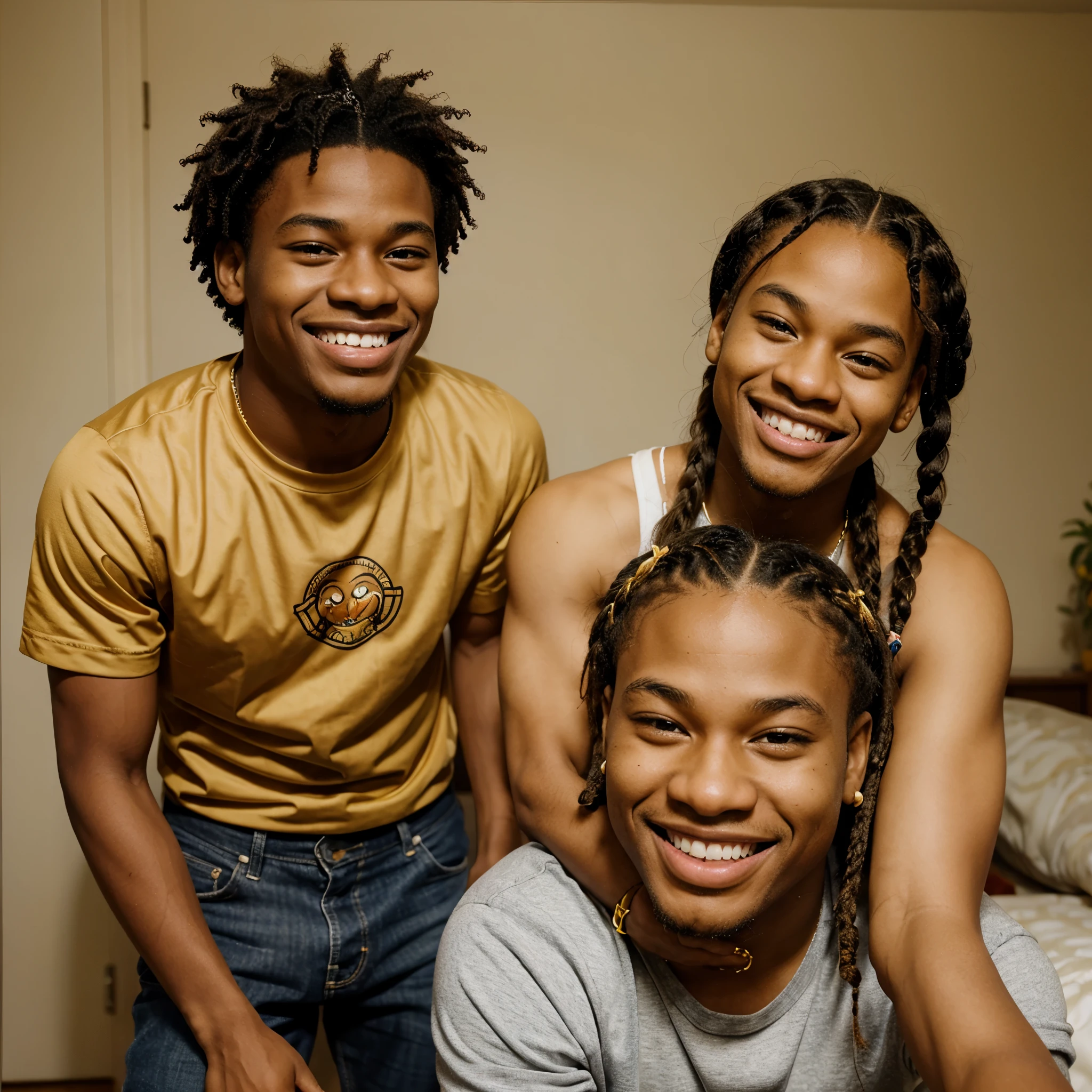 draw a caricature of a happy young 20 year old african american man with braids, next to his pet who is a golden retriver and they are smiling together
