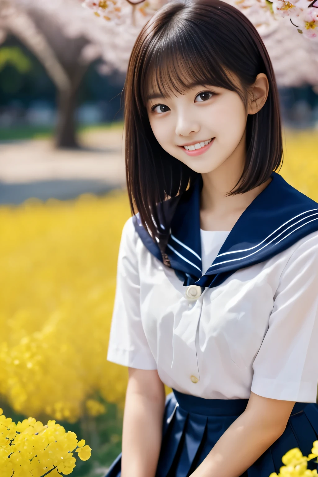 masterpiece, highest quality, 8K, 1 girl, (), teenager, Raw photo, smile, alone, (Super cute face like an idol:1.4), delicate girl, black hair, middle bob hair, straight hair, bangs, looking at the viewer, Frank, Sophisticated, professional lighting, film grain,  whole body, beautiful figure, The background is a field of yellow rape blossoms and rows of cherry blossom trees.,  (white shirt, crew , navy pleated skirt:1.2), small breasts, Cherry Blossom, sitting on the bench, 