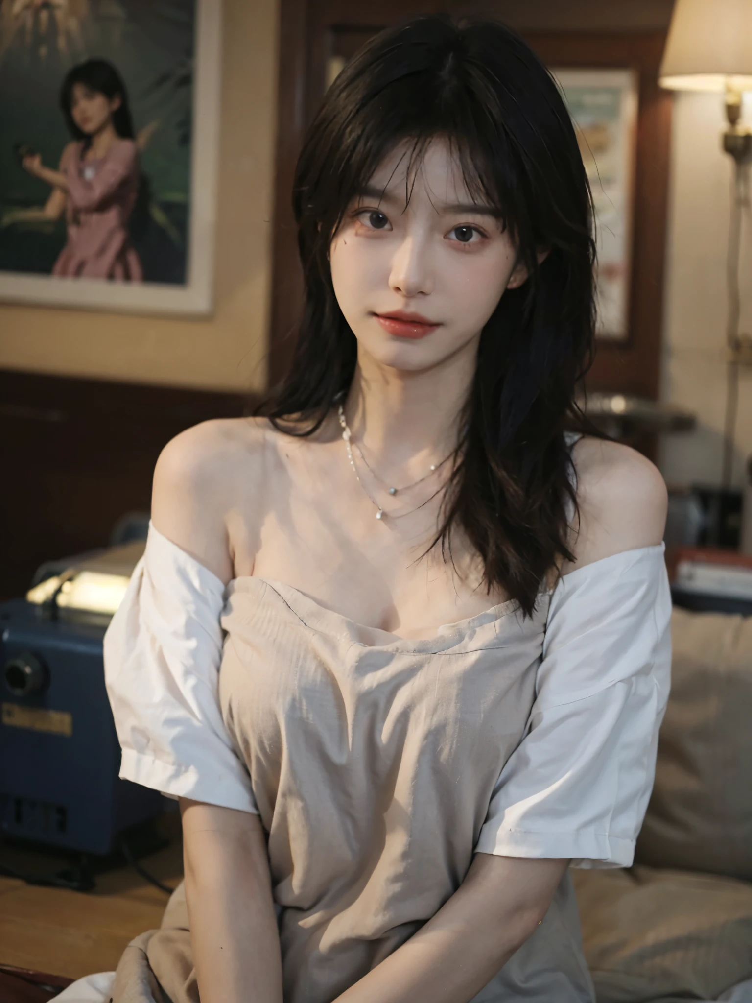 Film portrait photography, 1 girl, bare shoulders,lipstick,(flat chest:1.4), Shoulder length wavy hair, wear necklace,scarf,earrings,short sleeves,serene, calm, (Realistic and detailed eyes, natural skin texture, Realistic facial details), Soft dramatic lighting, depth of field, Bokeh, big breasts,split,cleavage,Vibrant details, Detailed and detailed, surreal, 35mm film, hazy, ,
