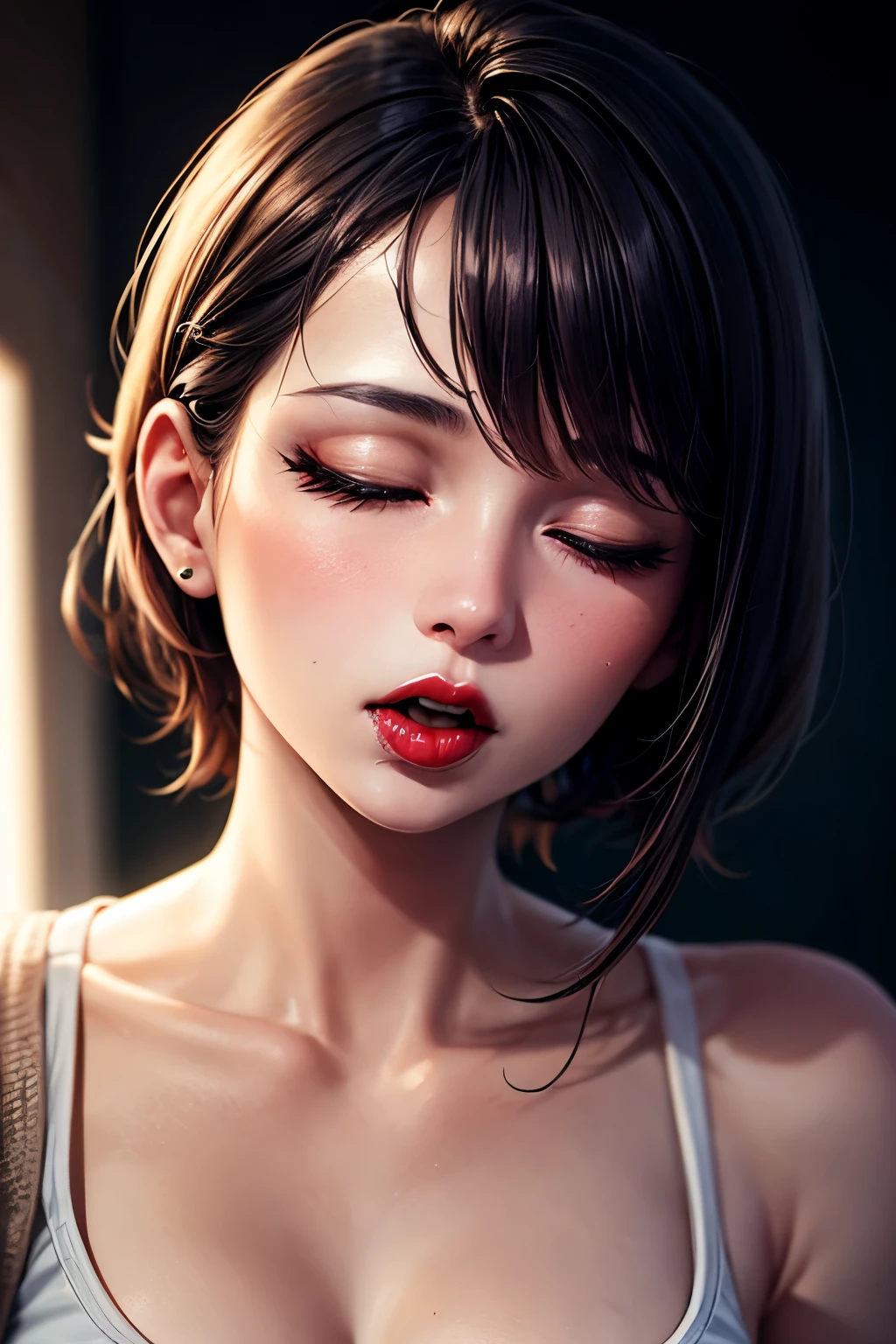 Woman, casual clothing, eyeliner, red lips, NSFW, salivating, orgasm, closed eyes, background, Surrealism, cinematic lighting, close-up, UHD, ccurate, masterpiece, textured skin, super detail, high quality
