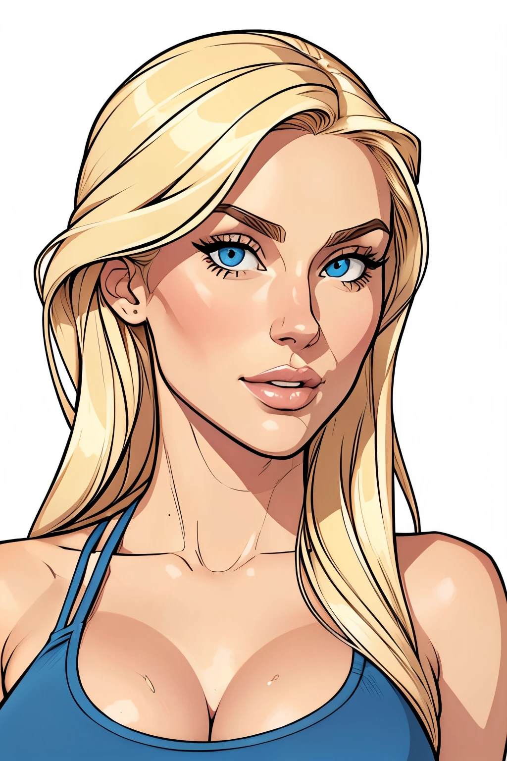 Flat colors, close up, portrait of sexy blonde women, natural beaty, beautiful, casual, large fake breasts, clevage,
simply white background 