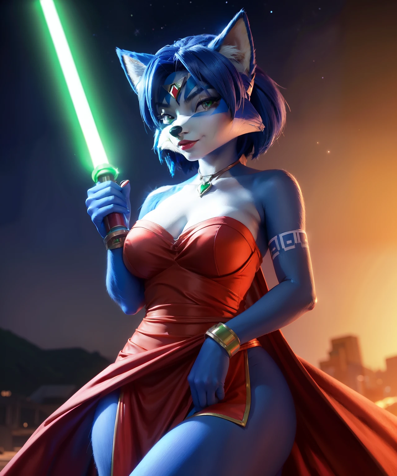 Krystal from Starfox holding a green lightsaber, red lipstick, heart shaped strapless dress, jedi fighter