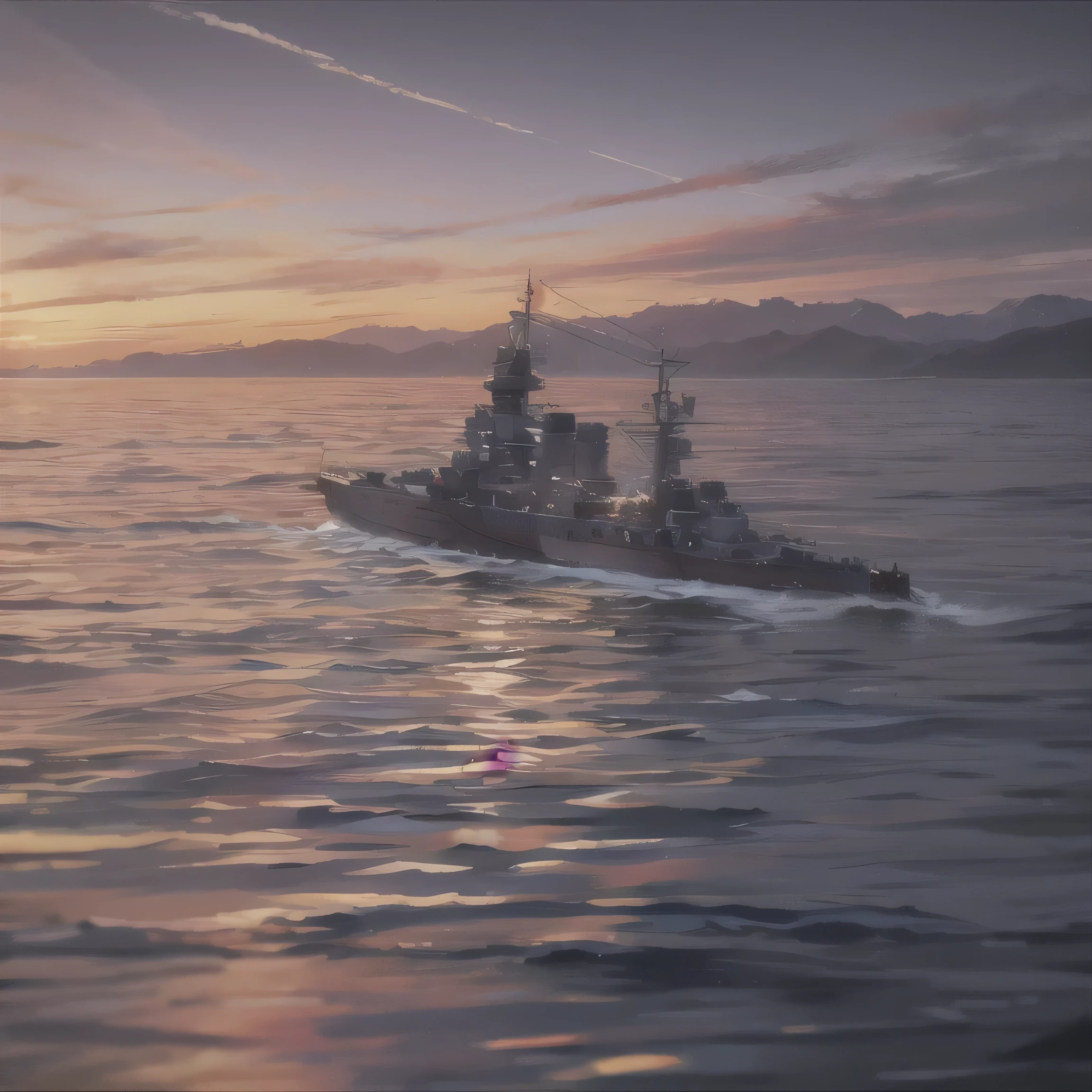 arafed ship in the water with mountains in the background, realistic warship design, warships, kirokaze, high resolution details, rendered in arnold engine, break of dawn on neptun, ingame, kirokaze and paul robertson, by Bob Ringwood, rendered in maya, detailed high resolution, ussg ishimura, official screenshot