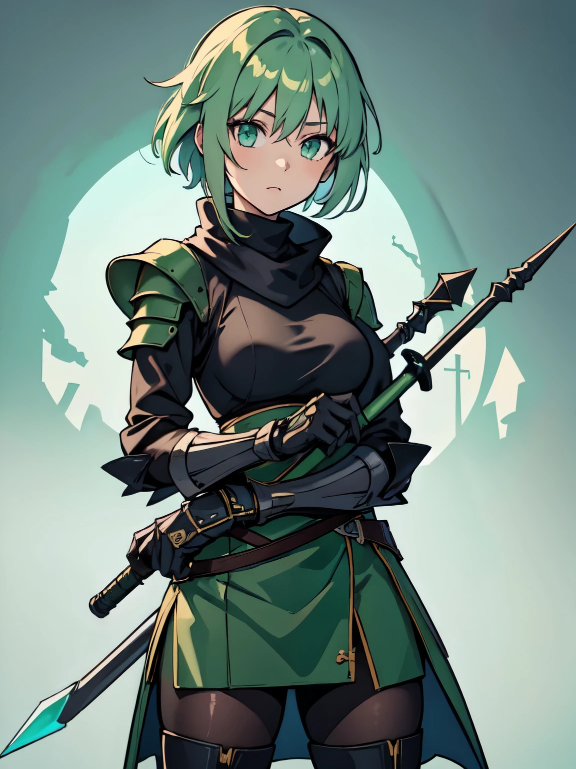 masterpiece, best quality, highres, 1girl, short green pastel hair, black shirt, turtleneck, long scarf, spear, armor