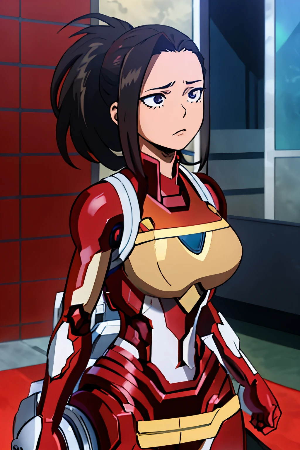 Momo Yaoyorozu, una mujer sexy y atractiva inspirada en Iron Man con un brillante robot de Iron Man. Se viste con sensualidad y confianza, interpretando perfectamente la fuerza y el carisma de Iron Man.