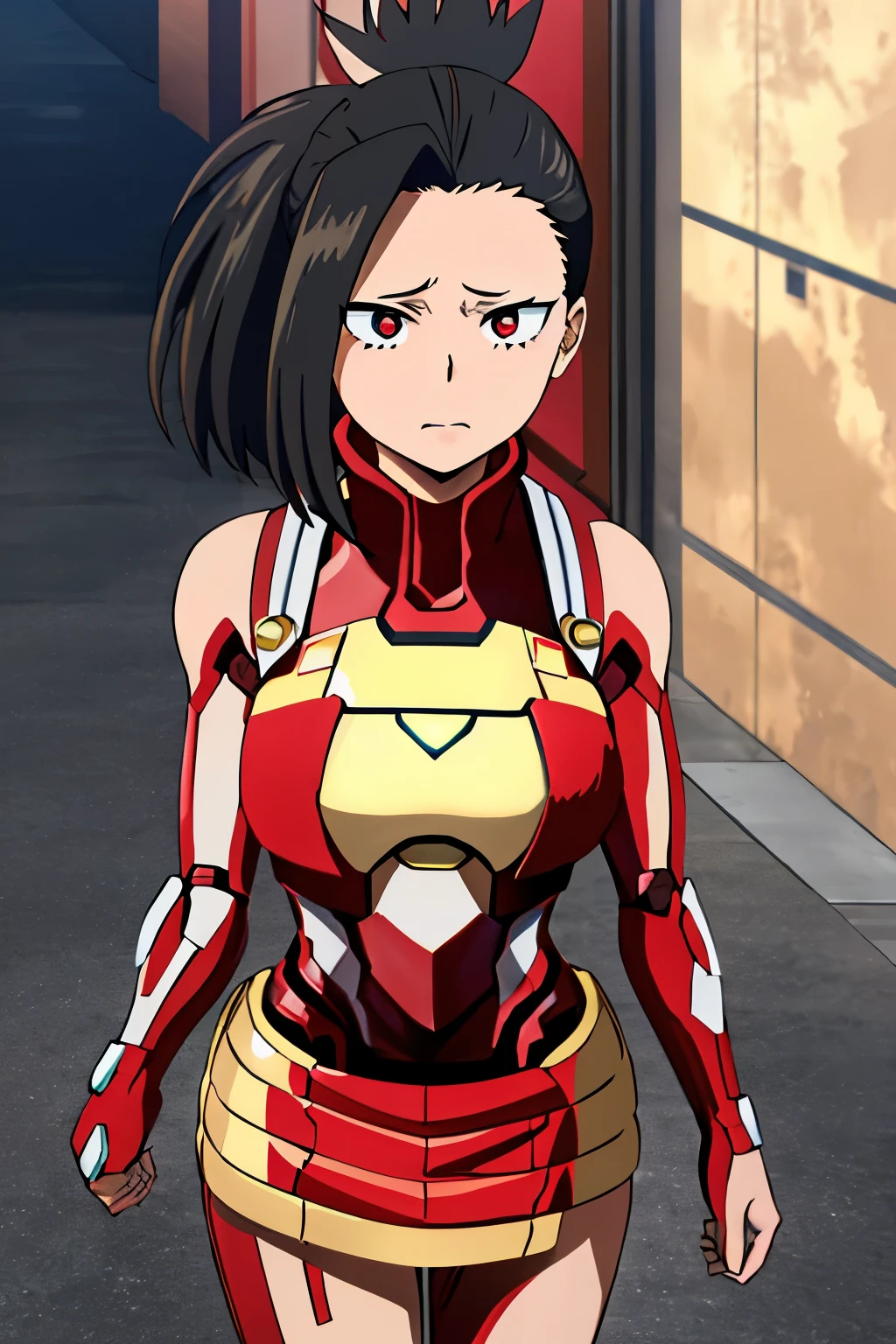Momo Yaoyorozu, una mujer sexy y atractiva inspirada en Iron Man con un brillante robot de Iron Man. Se viste con sensualidad y confianza, interpretando perfectamente la fuerza y el carisma de Iron Man.