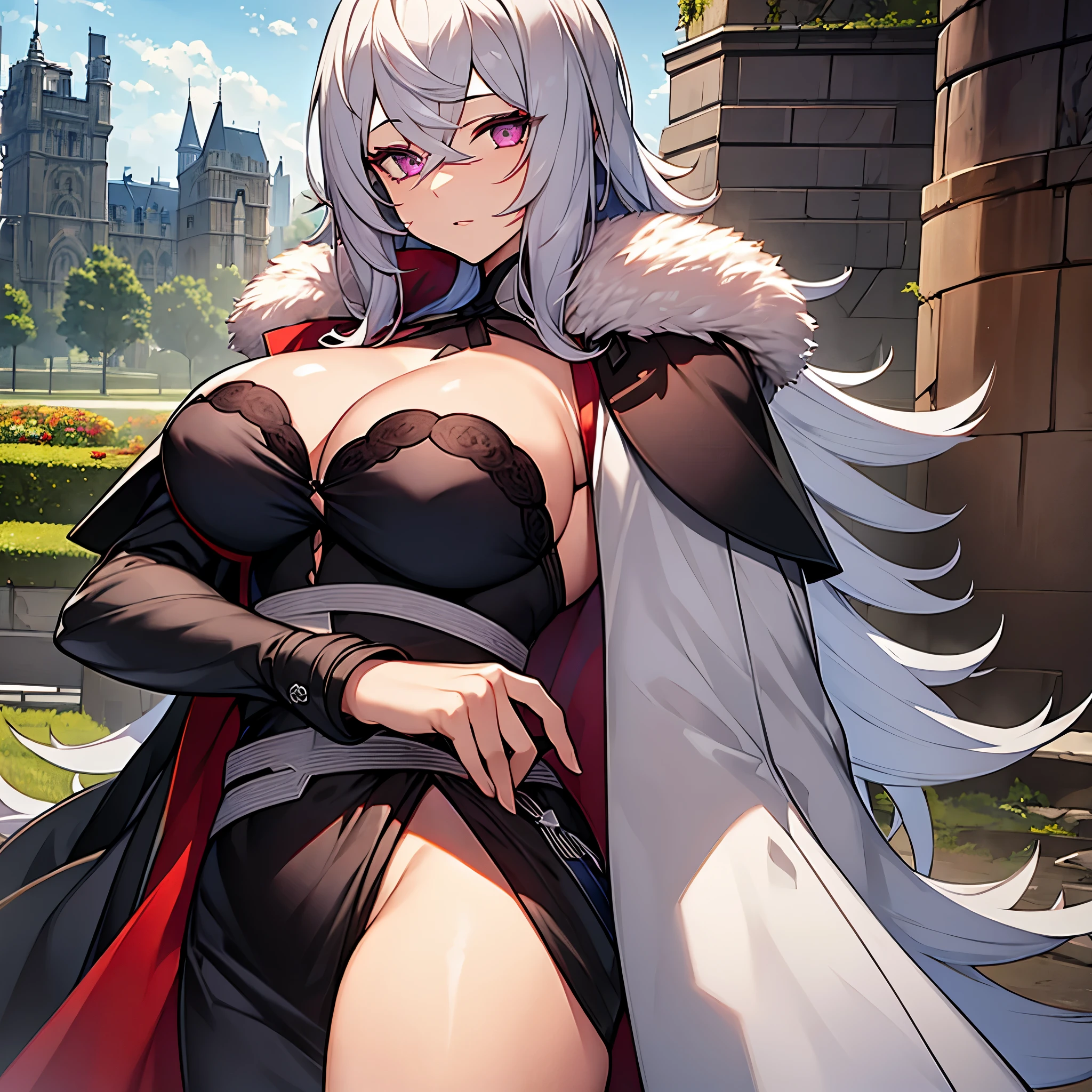 A woman wearing a long gray coat, silver hair, burgundy eyes, outside a medieval castle, air-conditioned in autumn, several leaves falling to the ground, expressionless, big breasts, perfect quality, ultra resolution, very detailed, masterpiece, 4k hd.