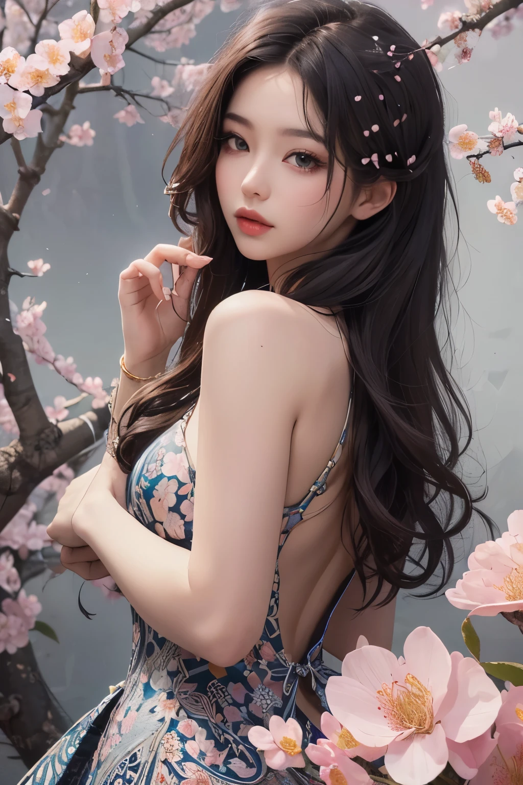 loose outfit、Show shoulders、See-through dresses in dark colors、How to wear a black gown、Decorated with intricate patterns and bright colors、Transparent material that makes the skin shine、Artistic depiction of seductive woman in gown with wet thin cloth and transparent skin, Floral and fantastic pattern with flowing silky traditional see-through skin。Her dress draped elegantly around her curvaceous figure、Emphasizes her charming silhouette。She's a gentle fireworks night、Dynamic Posing、Sexy Posing、bathed in the soft glow of moonlight。The scene is、With a hint of mystery and sensuality、It exudes an ethereal dreamy atmosphere。The image style is、It incorporates a blend of watercolor and digital illustration techniques.、It makes you feel delicate beauty and charm。Soft moonlit lighting、Cast gentle highlights and shadows on her mesmerizing features。Dynamic Posing、Bold poses、The hand is somewhere、see -through、show through、A sexy、Wet hair、Wet、(cherry trees、flower petals、cherryblossom、The cherry tree、Sakura Snowstorm 1.5)、buried、Transparent skin、Wet clothes、(Chest 1.2)、Navel Ejection、Swaying in the wind、Burgundy、pale red、(Slouch 1.5)、Lace color、lace choker、a choker、Lie on your back on the surface of the water、