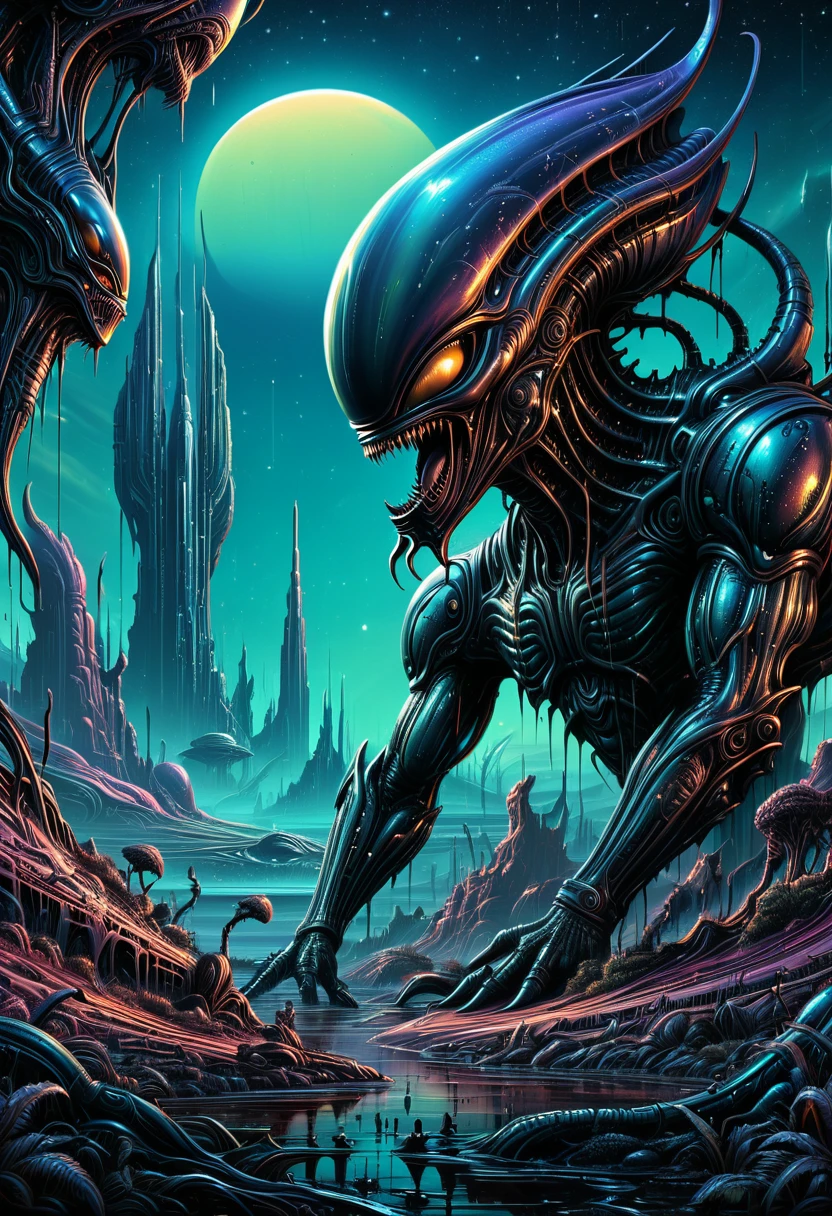 Alien Landscape, by dan mumford, (masterpiece, best quality, perfect composition, very aesthetic, absurdres, ultra-detailed, intricate details, Professional, official art, Representative work:1.3)