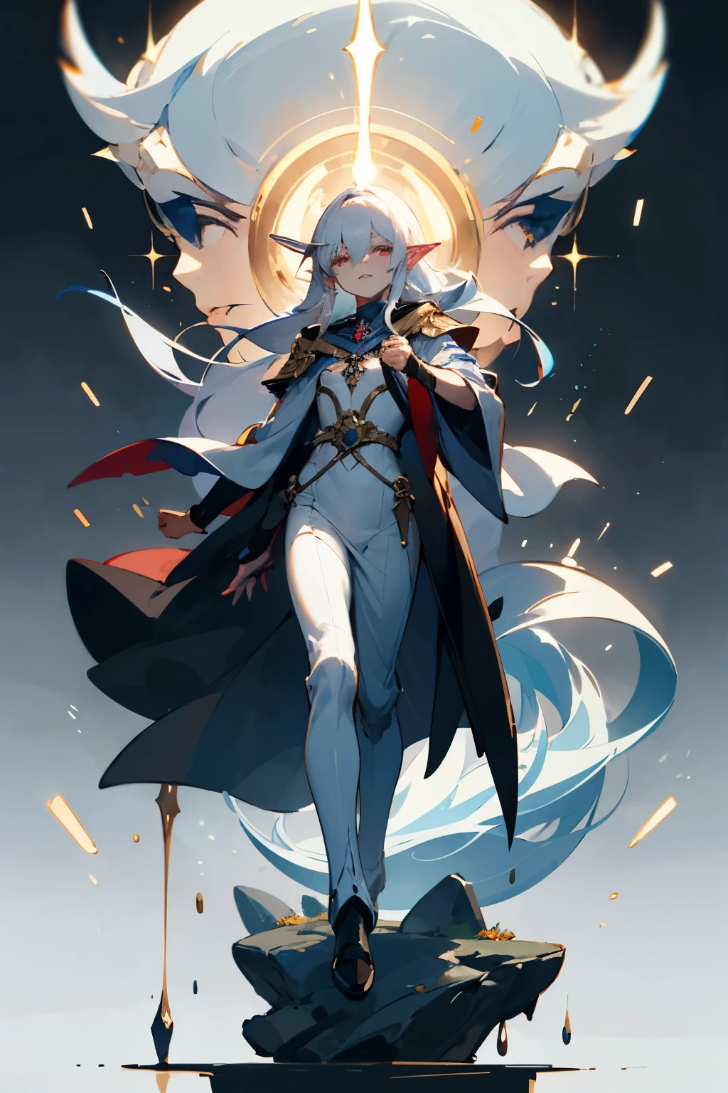 "Generate the description of a high elf artificer homunculus. This homunculus has an ethereal beauty, con rasgos delicados y proporcionados que reflejan la gracia de su creadora. Your skin is infused with a soft glow, mientras que sus ojos centellean con una inteligencia viva y curiosa. His figure is slender and agile, con movimientos precisos y elegantes. He is dressed in fine robes and adorned with small pieces of enchanted jewelry.. His presence exudes a sense of mystery and power, y su lealtad hacia su creadora es inquebrantable. Describe your physical appearance, personality and any special abilities she may possess as a result of her origin as a homunculus from a high elf artificer."