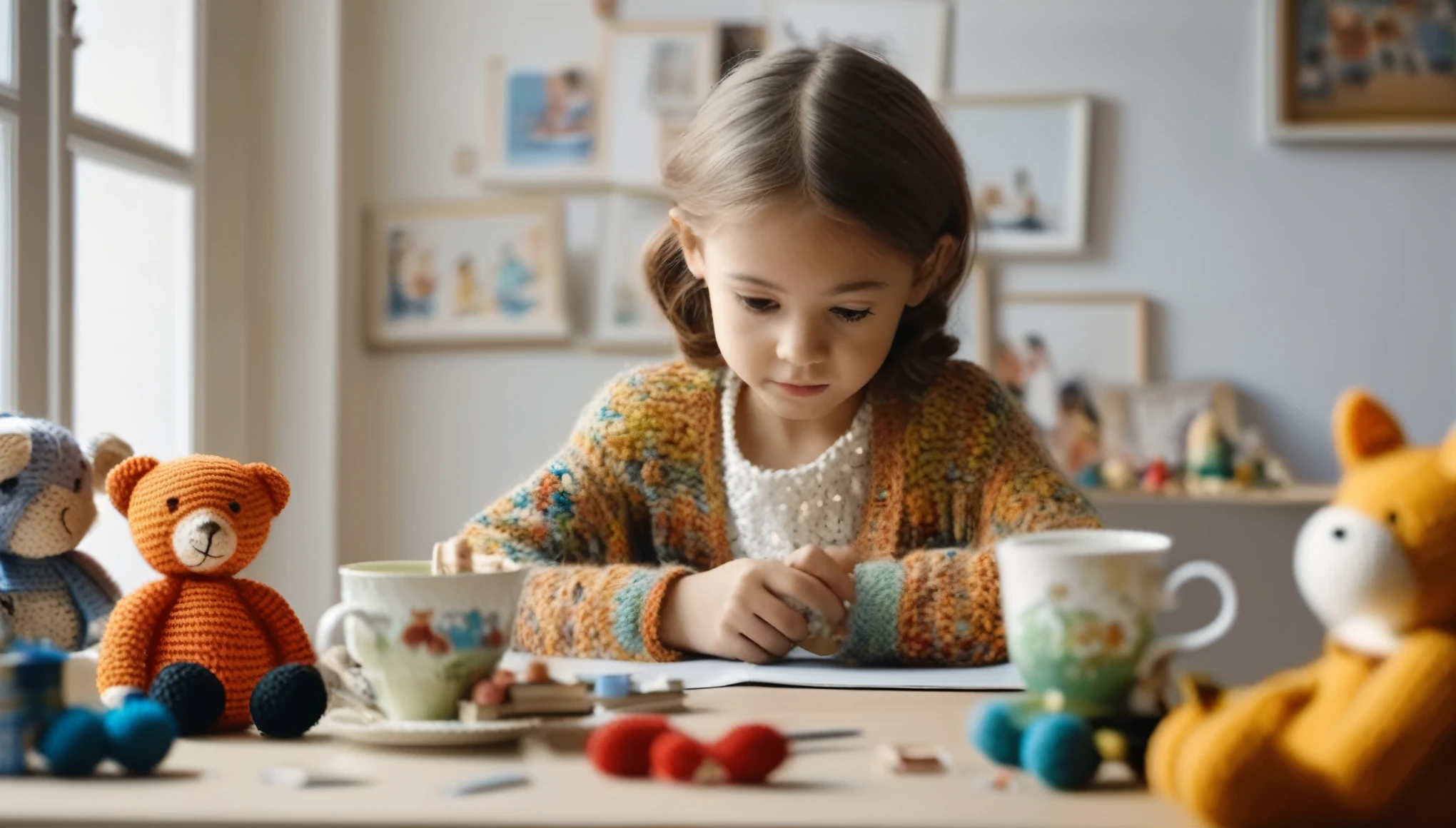 cinematic photo style by Henri Cartier-Bresson, 1 -year-oldl crotes knitted toys while sitting in a chair, portrait, against the background of a white wall of children's drawings and a window, on a wooden table there is one white mug full of tea, books, Perfect fingers, film, bokeh, professional, 4k, highly detailed,