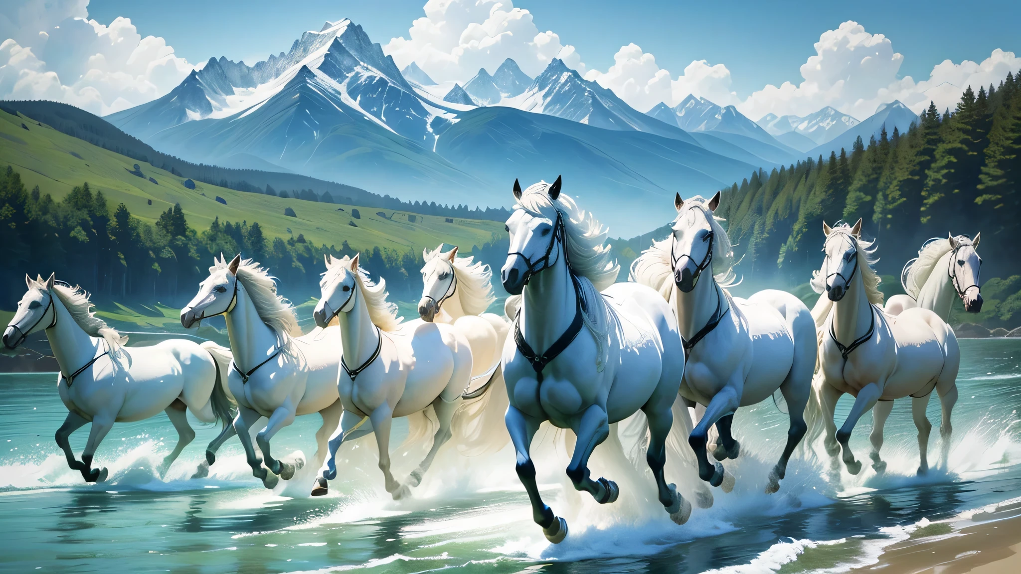 eight wild white horses racing through green forest on the shallow water, surrounded by towering mountain range under blue sky, the atmosphere filled with an aura of wonder and mystique, Painting, watercolors on textured paper