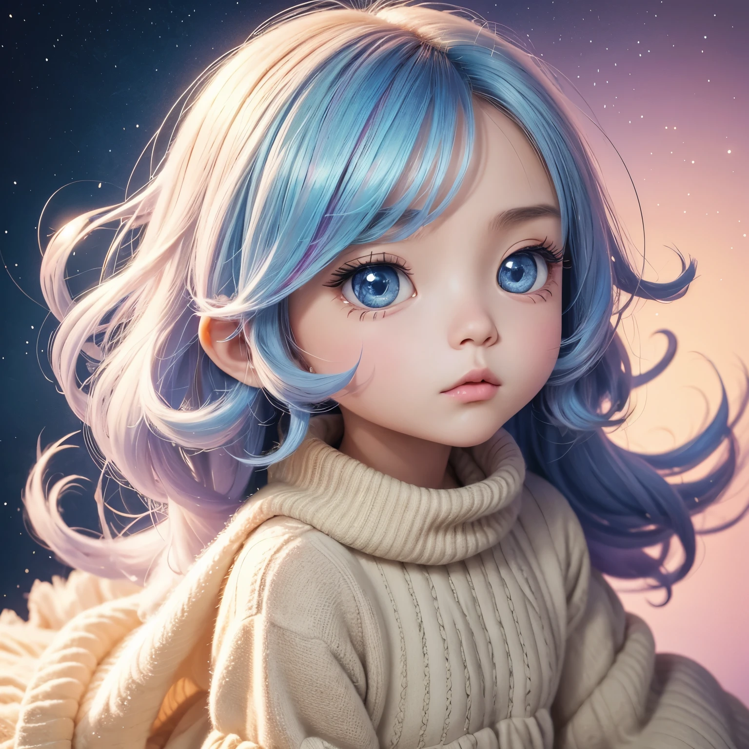 chibi, full body, (big head:1.5), super deformed character, 3D, best quality, super fine, 16k, incredibly absurdres, extremely detailed, cute woman, blank look, blurry look, wistful look, wearing loose and fluffy dress, loose and fluffy sweater, loose and fluffy long skirt, dull khaki and ivory color, BREAK , background variety of visual styles that combine various artistic elements like a sparkling iridescent pastel and vivid colors