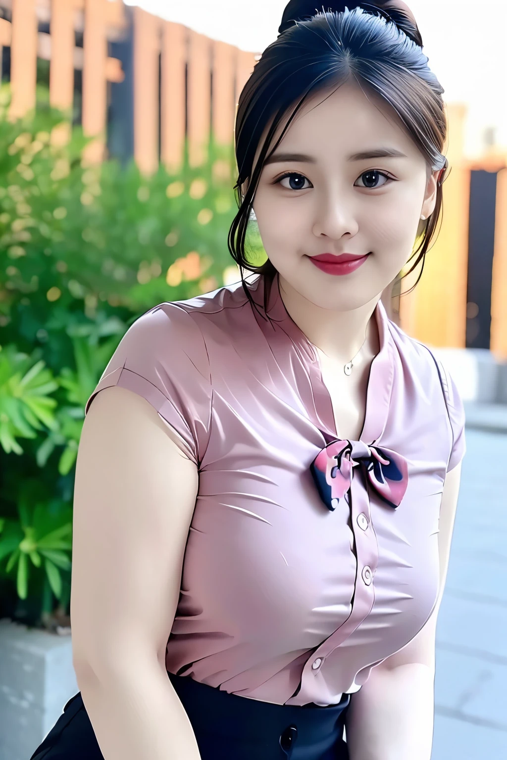 (top quality、8k、masterpiece:1.3))、30-year-old Korean woman，sharp focus, High level of image quality, high resolution，facial focus，Portrait ID photo，Upper body photo。Draw lips correctly, red lipstick，Wear a gray shirt，Pink floral bow tie。wavy long hair，hair tied up，ponytail，Mature，charming smile，Pink warm color background，solid color background