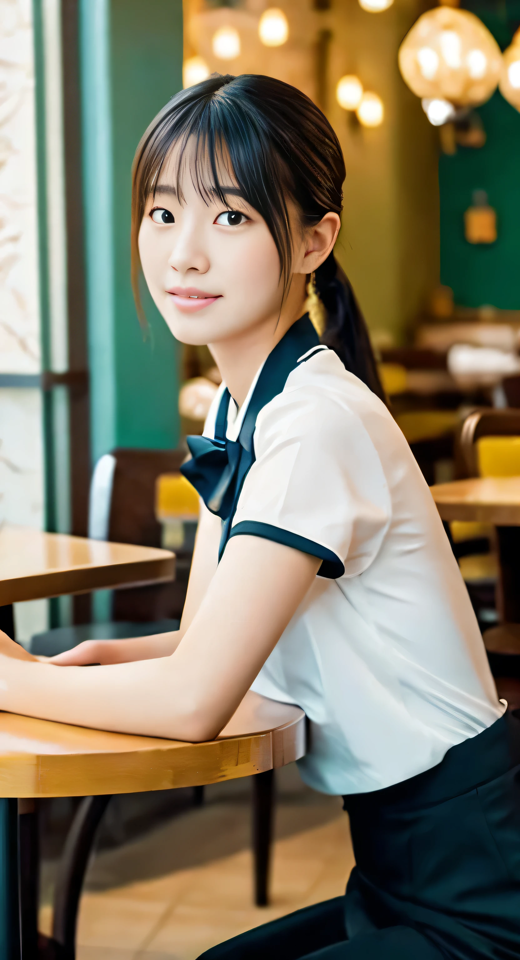 a girl with short ponytail laying in the table in a restaurant wearing formal suit,  clear eye, perfect body,  (look down at the viewer:0.8), (pureerosface_v1:0.2), detached sleeves, open mouth, bangs, 1girl, shiny skin, (masterpiece;1.0), (photorealistic:1.4), (sharp focus:1.2), 