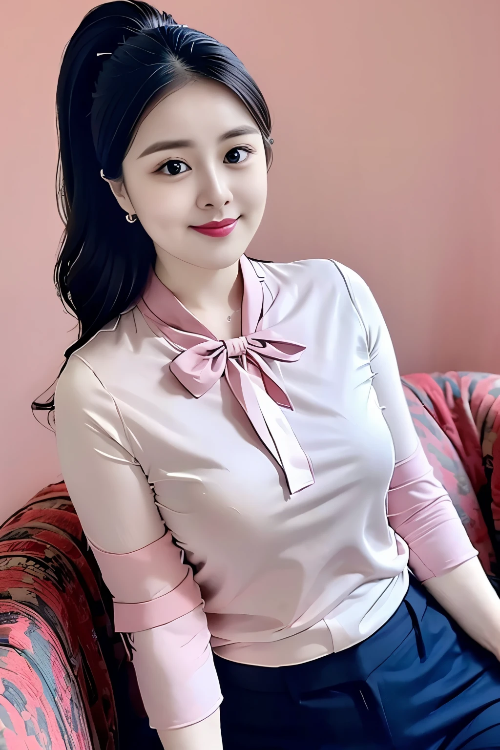 (top quality、8k、masterpiece:1.3))、30-year-old Korean woman，sharp focus, High level of image quality, high resolution，facial focus，Portrait ID photo，Upper body photo。Draw lips correctly, red lipstick，Wear a gray shirt，Pink floral bow tie。wavy long hair，hair tied up，ponytail，Mature，charming smile，Pink warm color background，solid color background