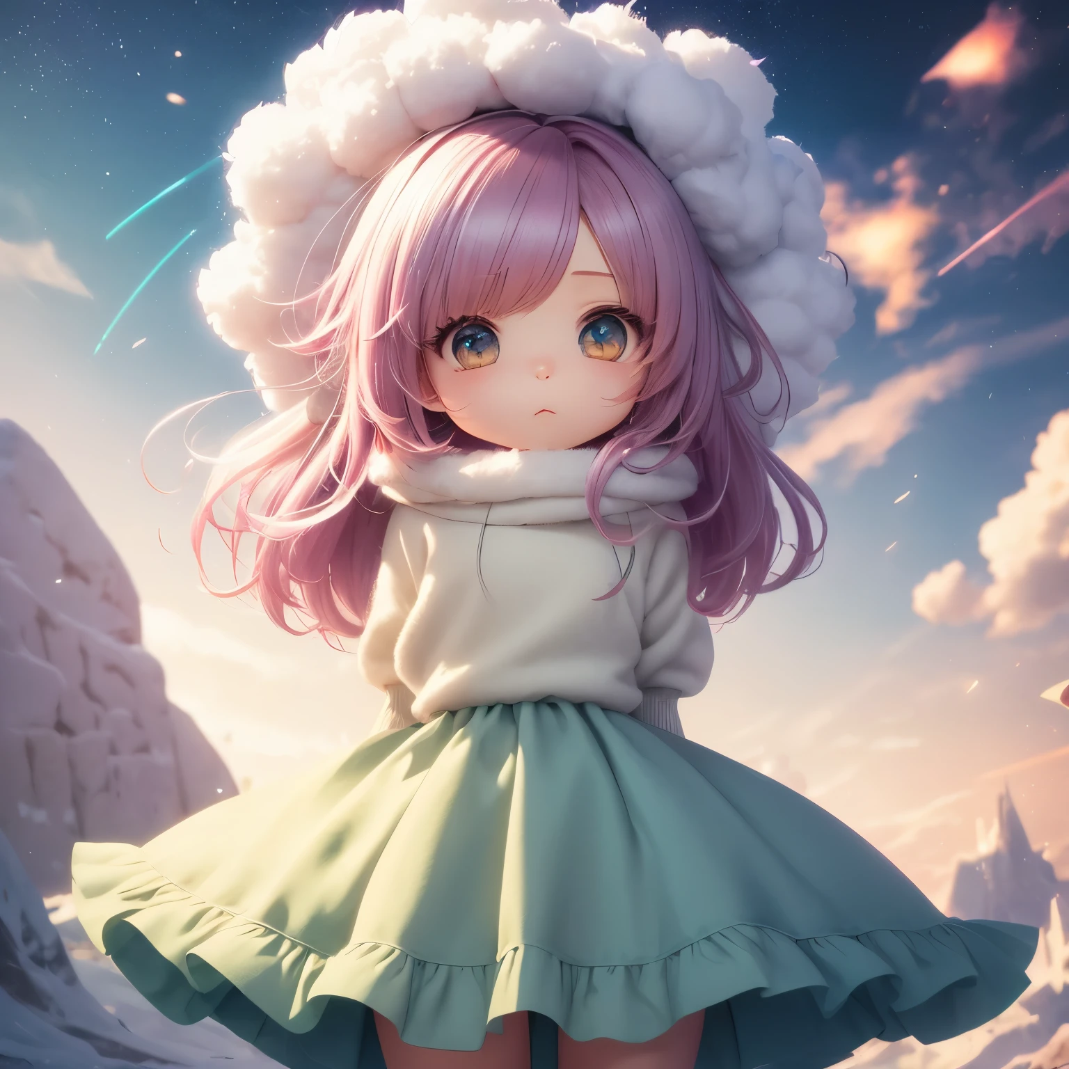 chibi, full body, (big head:1.5), super deformed character, 3D, best quality, super fine, 16k, incredibly absurdres, extremely detailed, cute woman, blank look, blurry look, wistful look, wearing loose and fluffy dress, loose and fluffy sweater, loose and fluffy long skirt, dull khaki and ivory color, BREAK , background variety of visual styles that combine various artistic elements like a sparkling iridescent pastel and vivid colors
