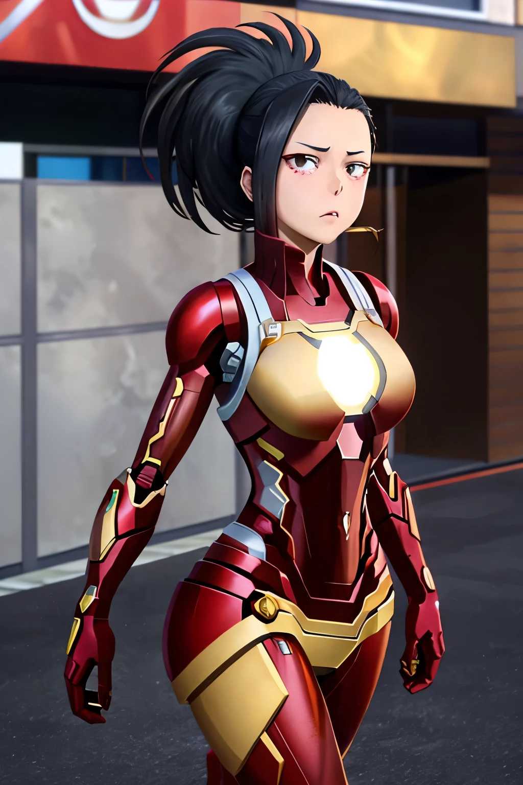 Momo Yaoyorozu, una mujer sexy y atractiva inspirada en Iron Man con un brillante robot de Iron Man. Se viste con sensualidad y confianza, interpretando perfectamente la fuerza y el carisma de Iron Man.