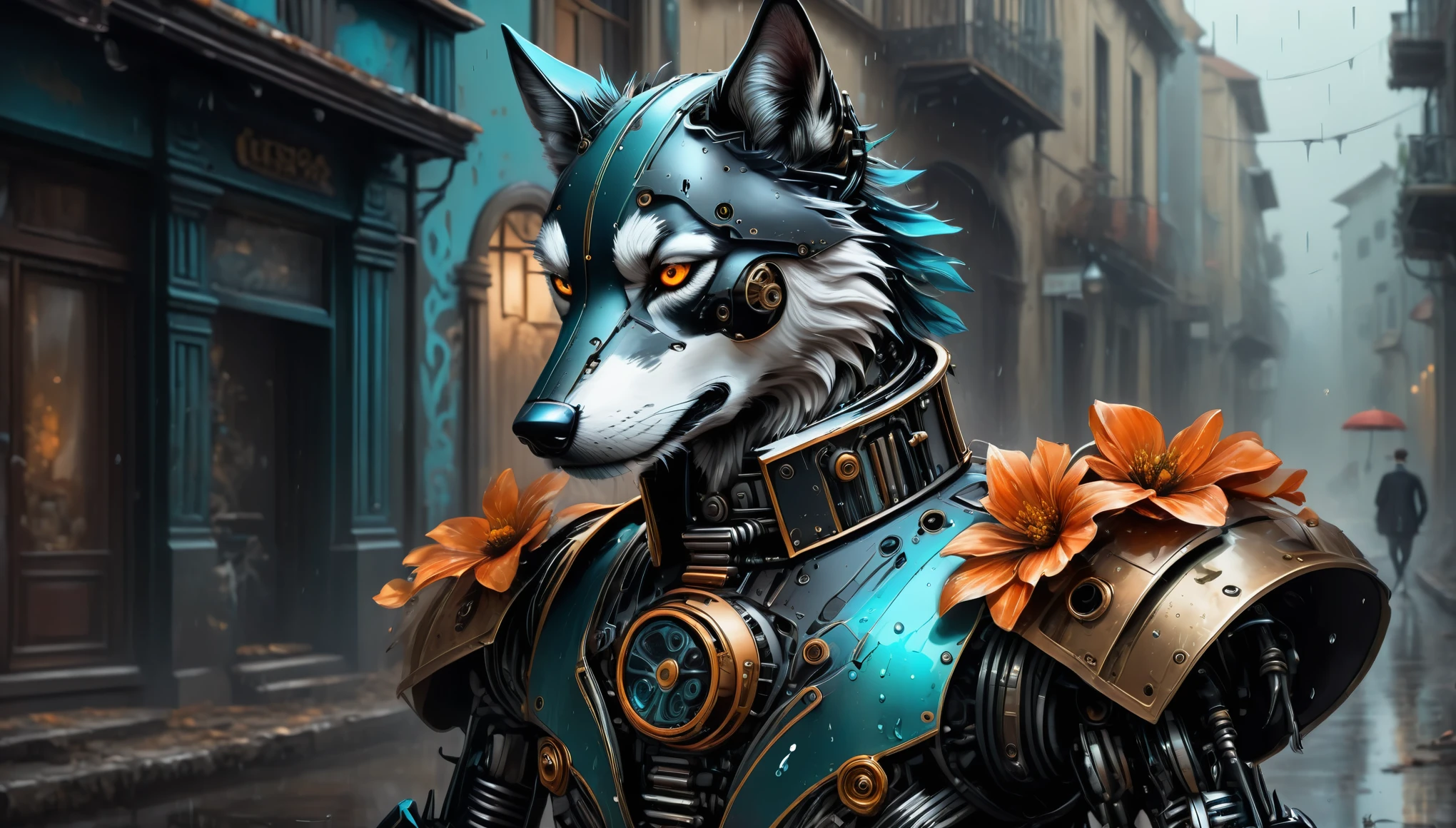(((robot butler with mechanical decorative coating stylish pose illustration butler clothes:1.3))), the robot butler nearby is a cyborg wolf who is locating, fantasia negra, cores ricas, cores vivas, extremely insane mechanical texture, in the explosion of graffiti energy, revestimento de sombra, desejo de brilho, detalhe intrincado, verdadeira obra-prima, tonal e alto contraste, belo detalhe brilho fraco, suave e sem fluxo, neo-gothic atmosphere, floating fog effect, beleza bonita, addition use adjustment of dark cyan and fantasia negra color palette, Detalhe muito claro, textura extremamente clara, pincelada complexa, alta qualidade, high resolution, maximum quality, unparalleled sharpness and clarity, (((radiosity rendered in stunningly beautiful 32k resolution:1.3))), everything captured in sharp focus, Mais alta qualidade, altamente qualidade, stunning mechanical texture detail, wonderful beautiful essence, atmosfera de muita integridade, rain of digital signs falls using digital painting techniques, digno, fluttering petals, textura elegante, tinta fosca, Guache, olhos afiados, laranja vermelho escuro, preto nobre intrincado,