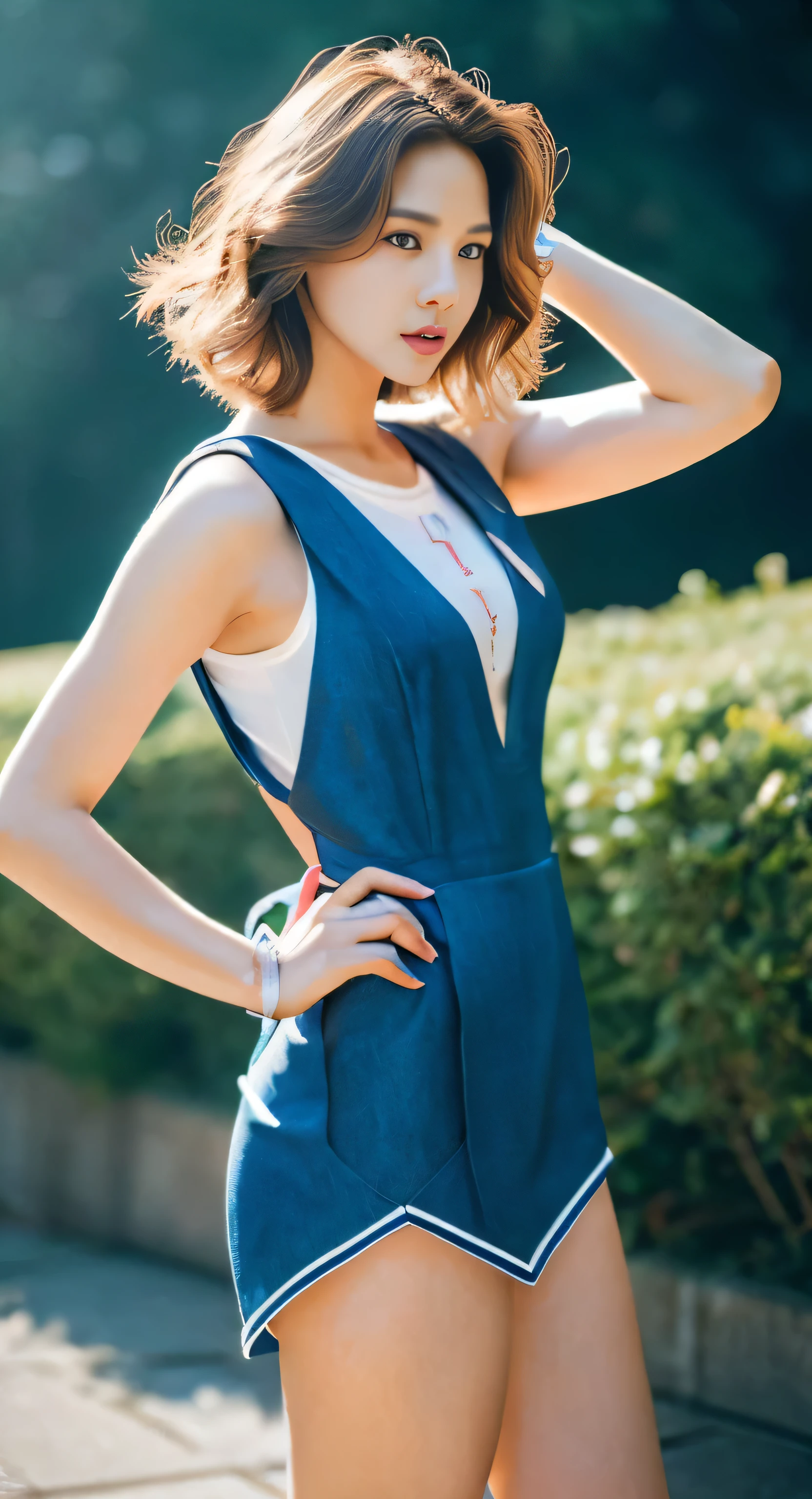 a girl with short ponytail laying in the table in a restaurant wearing formal suit,  clear eye, perfect body,  (look down at the viewer:0.8), (pureerosface_v1:0.2), detached sleeves, open mouth, bangs, 1girl, shiny skin, (masterpiece;1.0), (photorealistic:1.4), (sharp focus:1.2), 