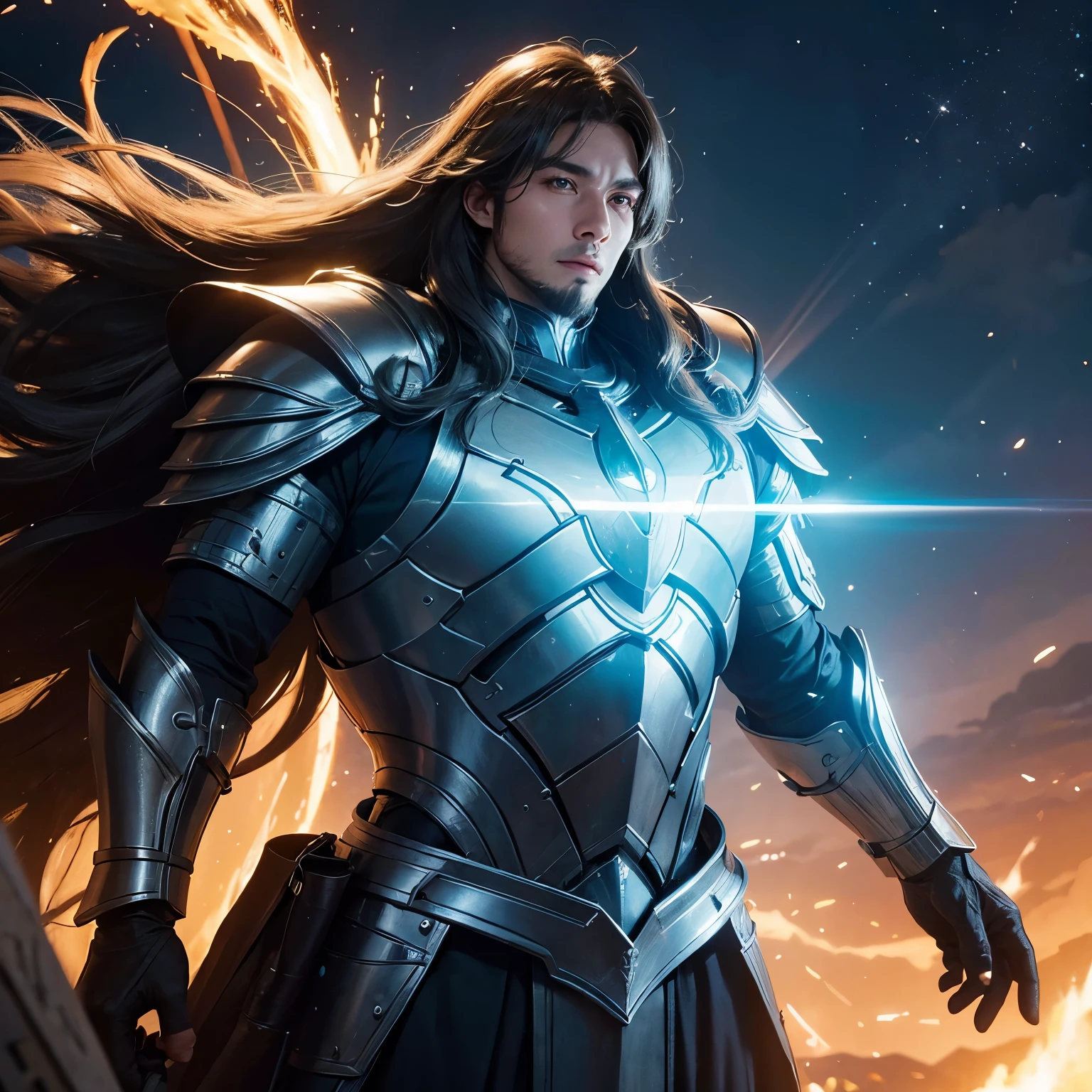 Giant of light, with shining armor with incredible details, taken by light, where all people see his enormous size.  