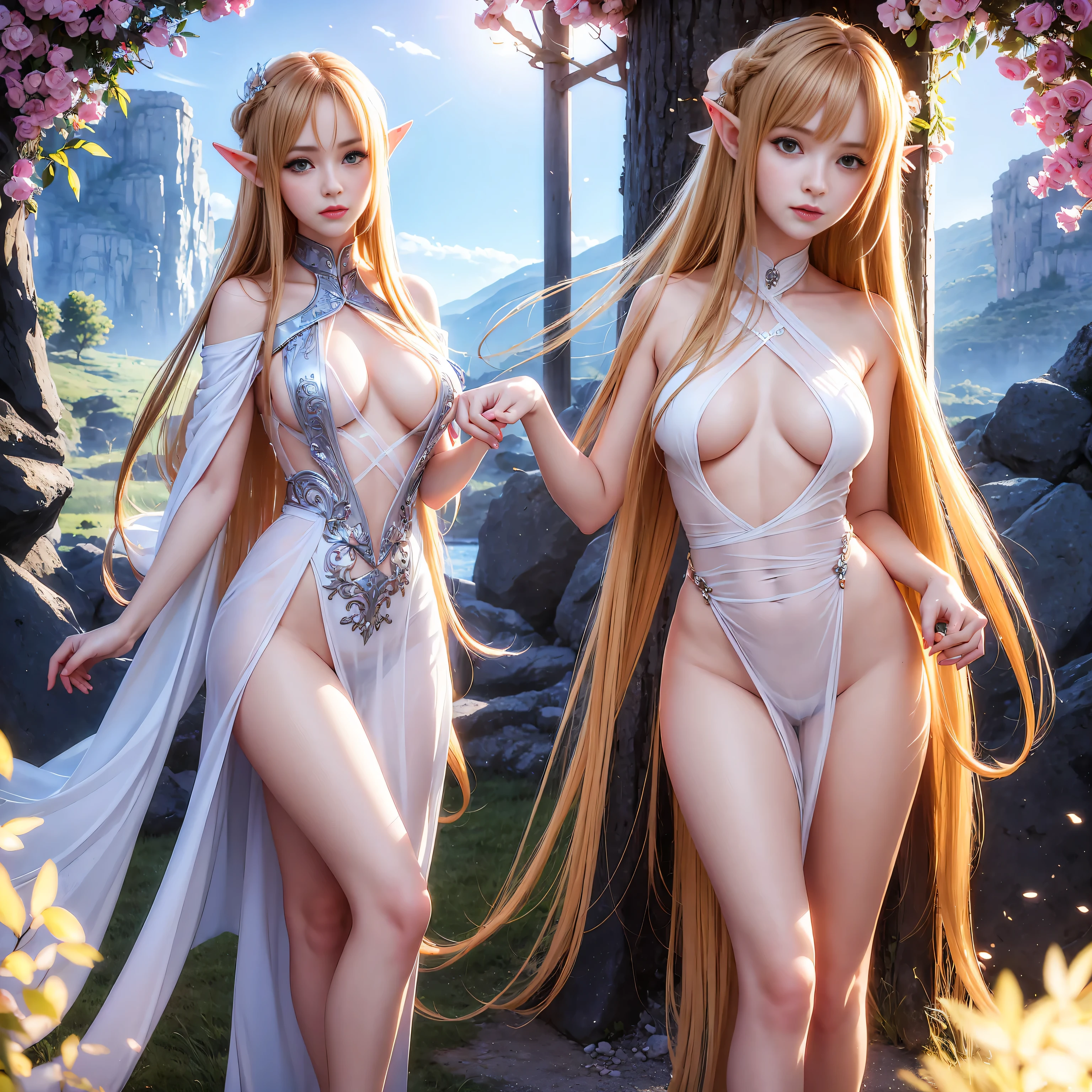 A graceful elf girl stands in a meadow, her delicate features illuminated by the soft light of the setting sun. Her long, flowing hair cascades down her back, adorned with intricate braids and adorned with sparkling jewels. This stunning painting captures the ethereal beauty of elves. Her slender figure in a silk dress sways in the soft meadow breeze. The artist's attention to detail is evident in the intricate patterns of her dress and the subtle highlights of her luminescence. skin. This breathtaking depiction of an elf girl exudes a sense of enchantment and transports the viewer to a magical world. The beautiful elf magician is awe-inspiring as she holds a magician's staff, uses fireball magic, and is about to defeat the Demon King with explosion magic., If you pull up your skirt, you can see your see-through panties and it will be embarrassing., (A superb exquisite Asuna Yuuki),(Asuna Yuuki:1.5), long hair, brown hair, streaked hair, brown eyes, star-shaped pupils, straight bangs, solo, nature, extremely delicate, straight facial features, peerless beautiful girl, soft, (sensual face), ((ecchi face)), dreamy quality, exaggerated facial features, solid color, frank holly, delicate face, bright lips, slender waist, soft curves, real light and shadow, super fine, 4k, natural moving, Ultra high resolution, (masterpiece:1.2, best quality), (finely detailed beautiful eyes: 1.2), (beautiful detailed face), detailed anime artwork, clean detailed anime art, detailed digital anime art, detailed anime art, beautiful anime portrait, beautiful anime girl, beautiful anime artwork, beautiful anime art, beautiful anime style, detailed portrait of anime girl, anime girl, beautiful anime, anime illustration,Medium chest, slender body,unparalleled beauty sexy and very beautiful face、Super long silky shiny blonde hair、long swaying bangs、Sexy 、beautiful cute pearl eyes beautiful girl、Silky skin、Very big blue eyes, see-through brassiere and panties,