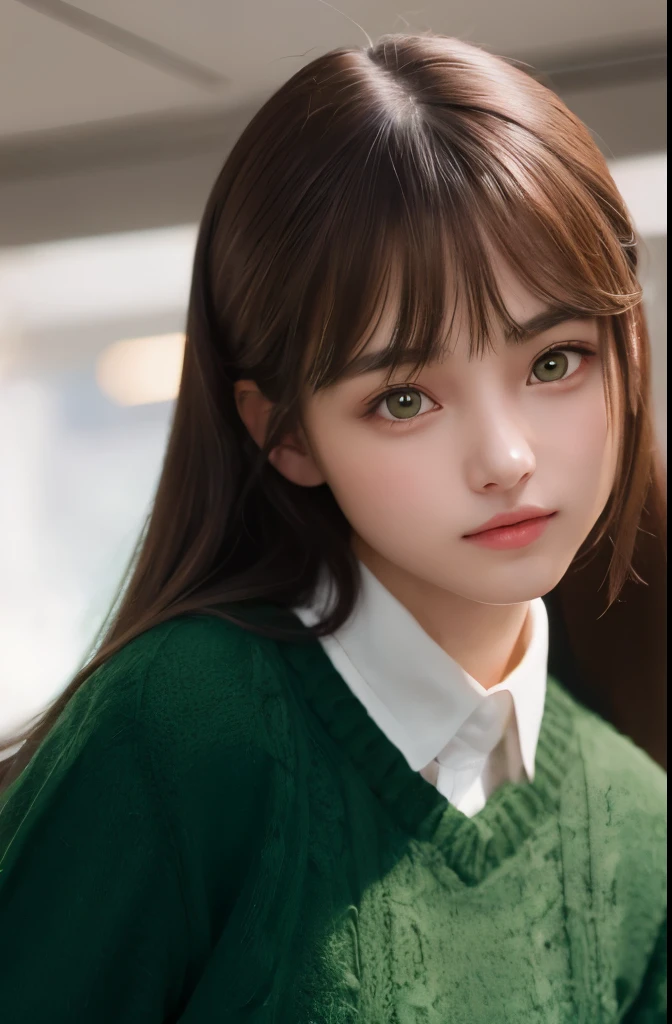 1 girl, Sternenauz, flow, perfect lighting, brown haired, bangs swept to the side、green eyes,　oversized school sweater , Seitenbereuchtung, highly detailed face, 4k, pony, glowing skin,　office, dynamic pose、(naughty smile:0.4)