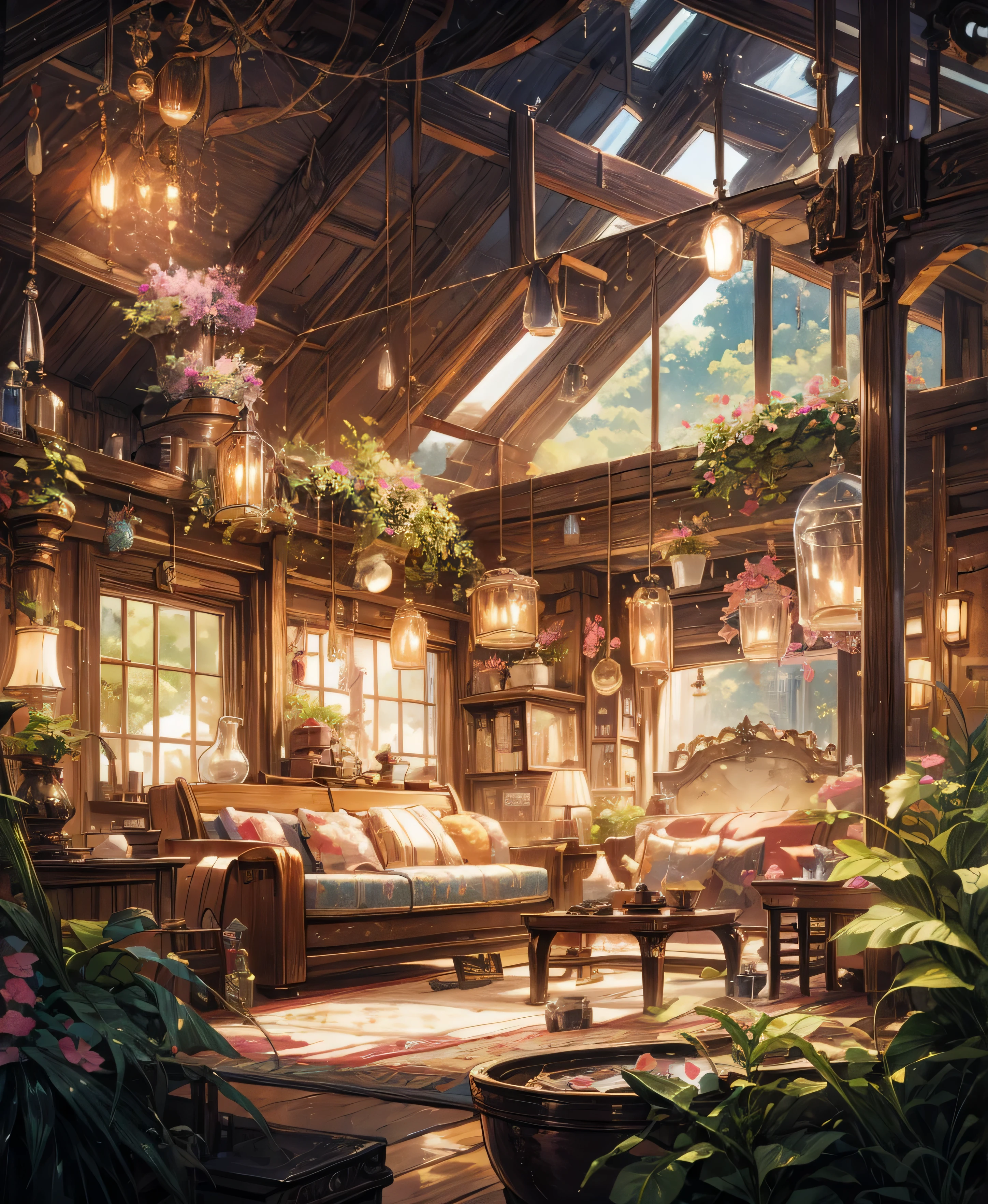 Image taken from a video game of a living room with a sofa and a table, Relaxing concept art, Cozy cafe wallpaper, Comfortable environment, Anime wallpaper art, Relaxing atmosphere, Magical environment, Interior background art, Anime scene concept art, Very detailed scene, Dreamy atmosphere, Very detailed scene, Dreamy and detailed, Relaxed atmosphere, Comfortable environment, Magical atmosphere