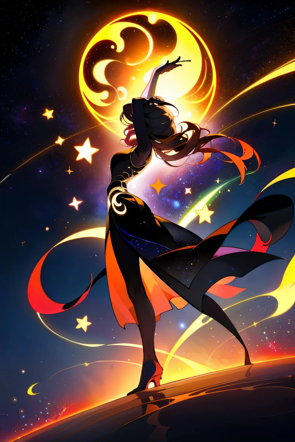 A captivating silhouette of an individual stands proudly with arms outstretched on a hilltop, gazing at the breathtaking cosmic landscape beyond. The yin yang symbol, a harmonious balance of the universe, is intricately crafted from a mesmerizing fiery galaxy contrasted with a dark, star-studded expanse. The background is adorned with futuristic architectural marvels, their structures illuminated by a celestial glow. Scattered light particles dance through the air, enveloping the scene in an ethereal, surreal aura.