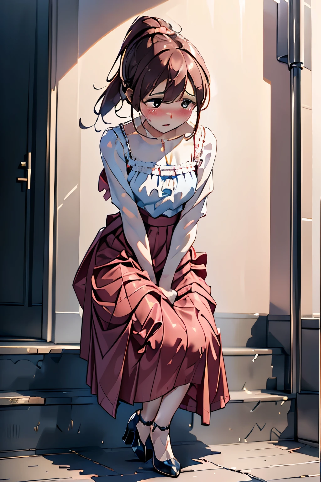 (ultra-detailed, best quality, detailed face, anatomically perfect body), (parted lips), shiny skin, (1 girl), diminutive, medium, (have to pee, very desperate to pee, have to pee:1.2), mansion, (turtleneck:1.3), (long skirt:1.6), (footwear, low ponytail:1.3), (have to pee:1.6), (just before the bladder limit:1.1), (knees together and feet apart:1.5), (Rub each other's thighs:1.3), (hand between legs:1.3), (leaning forward:1.2), (holding crotch:1.6), (girl can't stand up straight), (constricted pupils:1.4), (erotic twist of the body:1.3), (sad:1.5), (blush:1.7), (embarrassment:1.4), flowing sweat, (fear:1.1), (breathless:1.5), (squint eyes:1.4), (looking up:1.7), (full body:1.3), (top of stairs, from below:1.3), (from side)