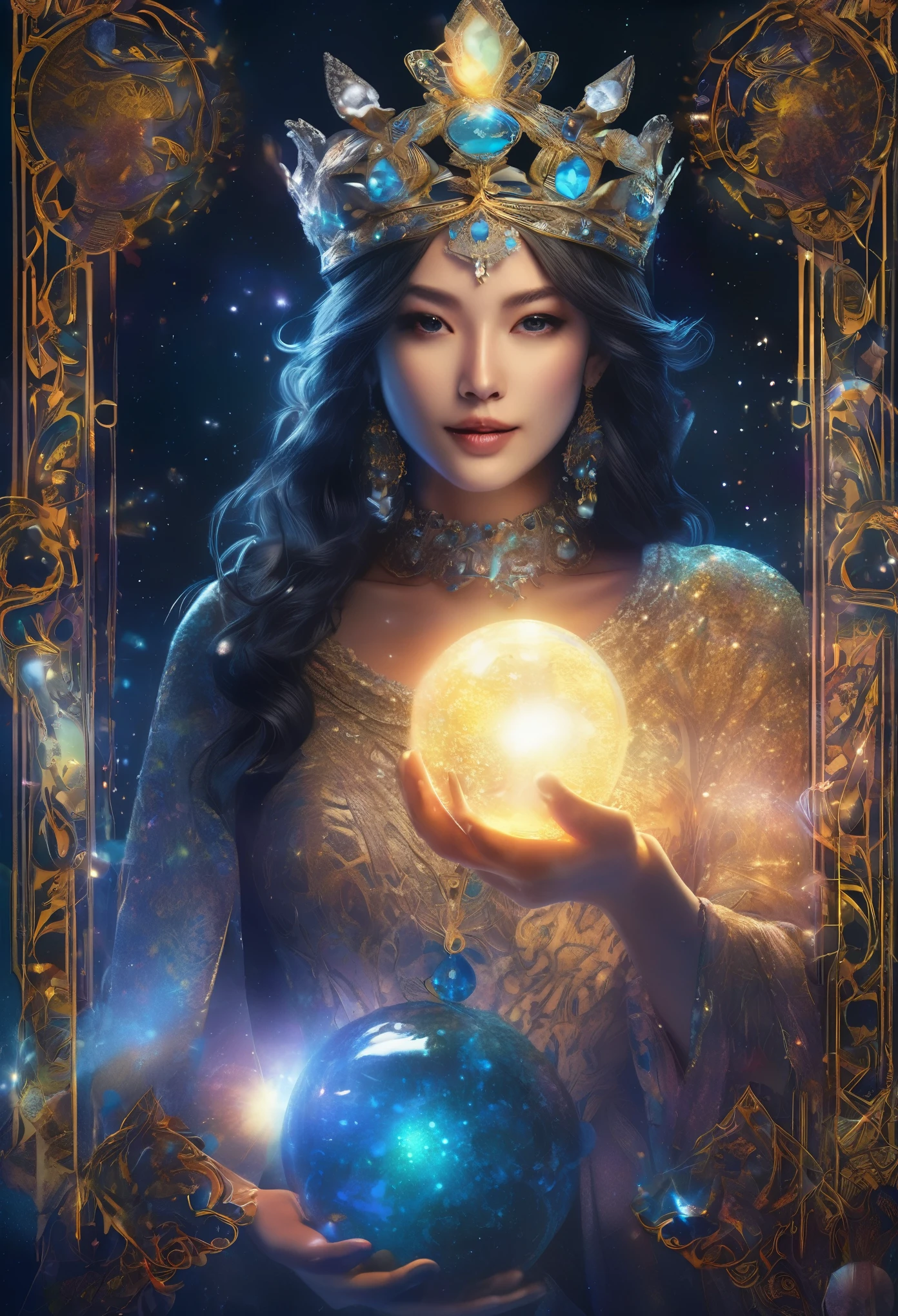 tarot fortune telling、crown、Queen、A shining enchanting deity adorned with jewels、Holding a glowing sphere in your hand look directly into the camera, in the center,very bright colors, particles of light, light shines, Musif, wallpaper art, UHD wallpaper mysterious、shining blue aura、upper body up