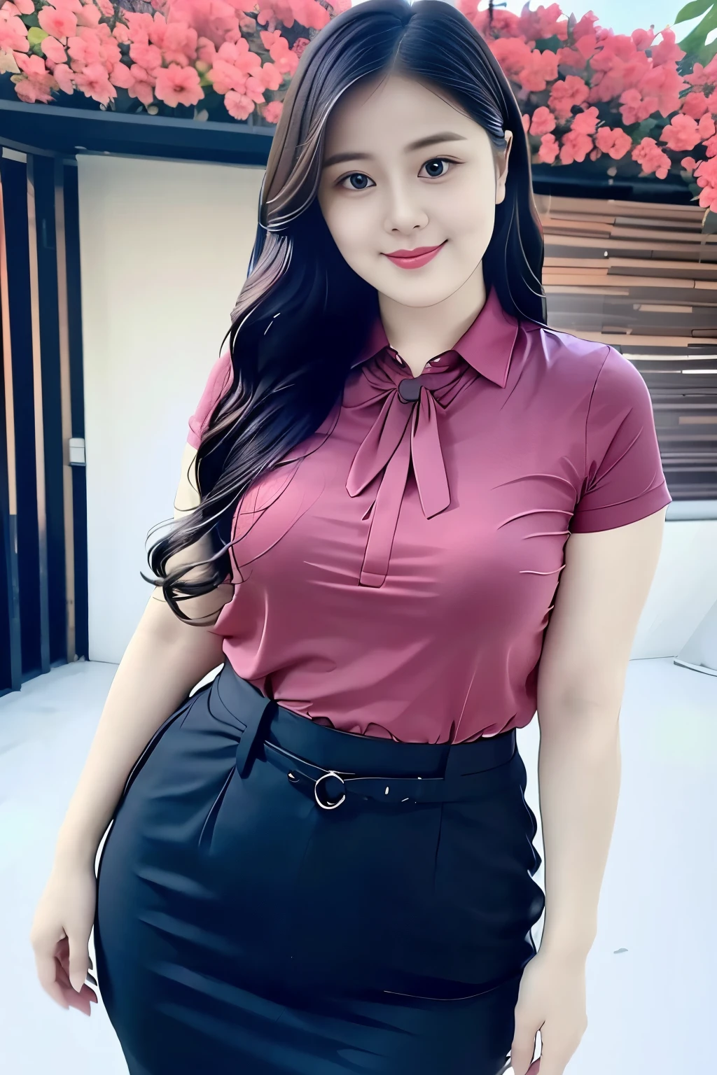 (top quality、8k、masterpiece:1.3))、30-year-old Korean woman，sharp focus, High level of image quality, high resolution，facial focus，Portrait ID photo，Upper body photo，Photos from waist up。Draw lips correctly, red lipstick，Wear a green shirt，Pink floral bow tie。wavy long hair，，Mature，charming smile，Pink warm color background，solid color background
