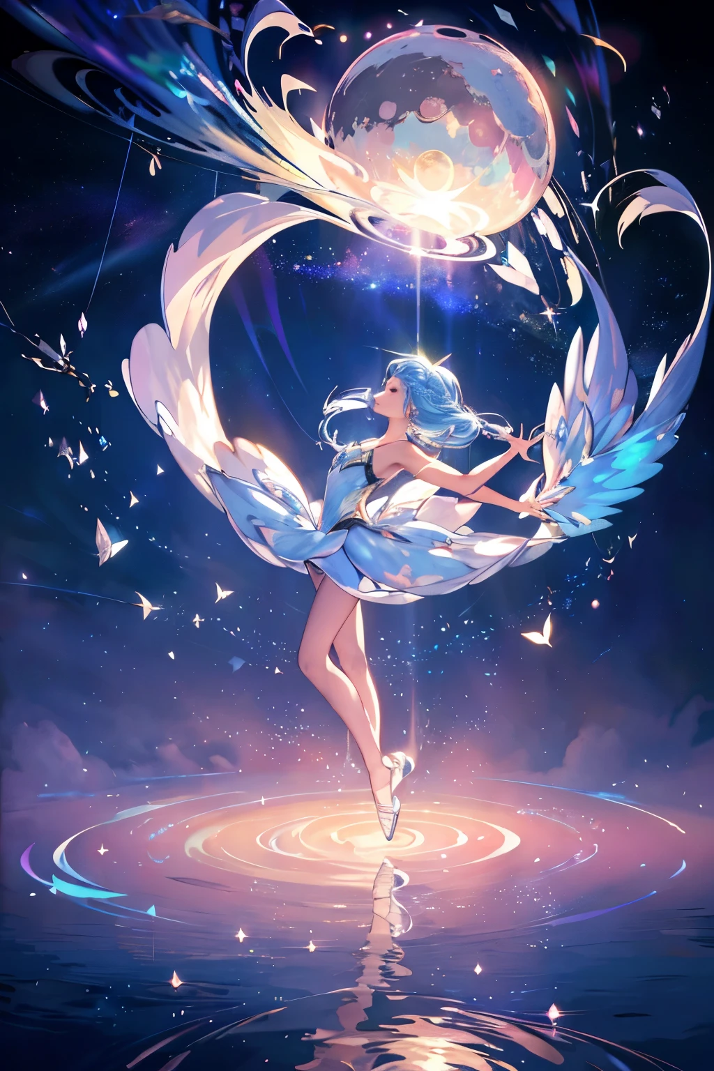 A crystalline character, floating, in the moonlight, in a ballet with illuminated particles.(best quality,4k,8k,highres,masterpiece:1.2),ultra-detailed,(realistic,photorealistic,photo-realistic:1.37),dreamlike,ethereal,translucent,glowing halo,sparkling (shimmering,luminous) crystals,airy movements,graceful,delicate,weightless,illuminated background,serene atmosphere,elegant (elusive) gestures,celestial (ethereal) glow,reflection on crystals,magical aura,moonbeam (moonlit) silhouette,colorful spectrum of particles,dancing in harmony,mesmerizing performance,intricate (infinite) forms,soft (gentle) lighting,vibrant (subtle) colors,melting into moonlight,transcendent beauty,floating motion,otherworldly presence,peaceful tranquility,whimsical (enchanting) atmosphere,fluid movements,sublime (mystical) energy,celestial ballet,pulsating light,harmonious composition,sparkling trails of stardust,graceful interaction,captivating performance,lustrous shine,celestial (lunar) amazement,ethereal choreography.