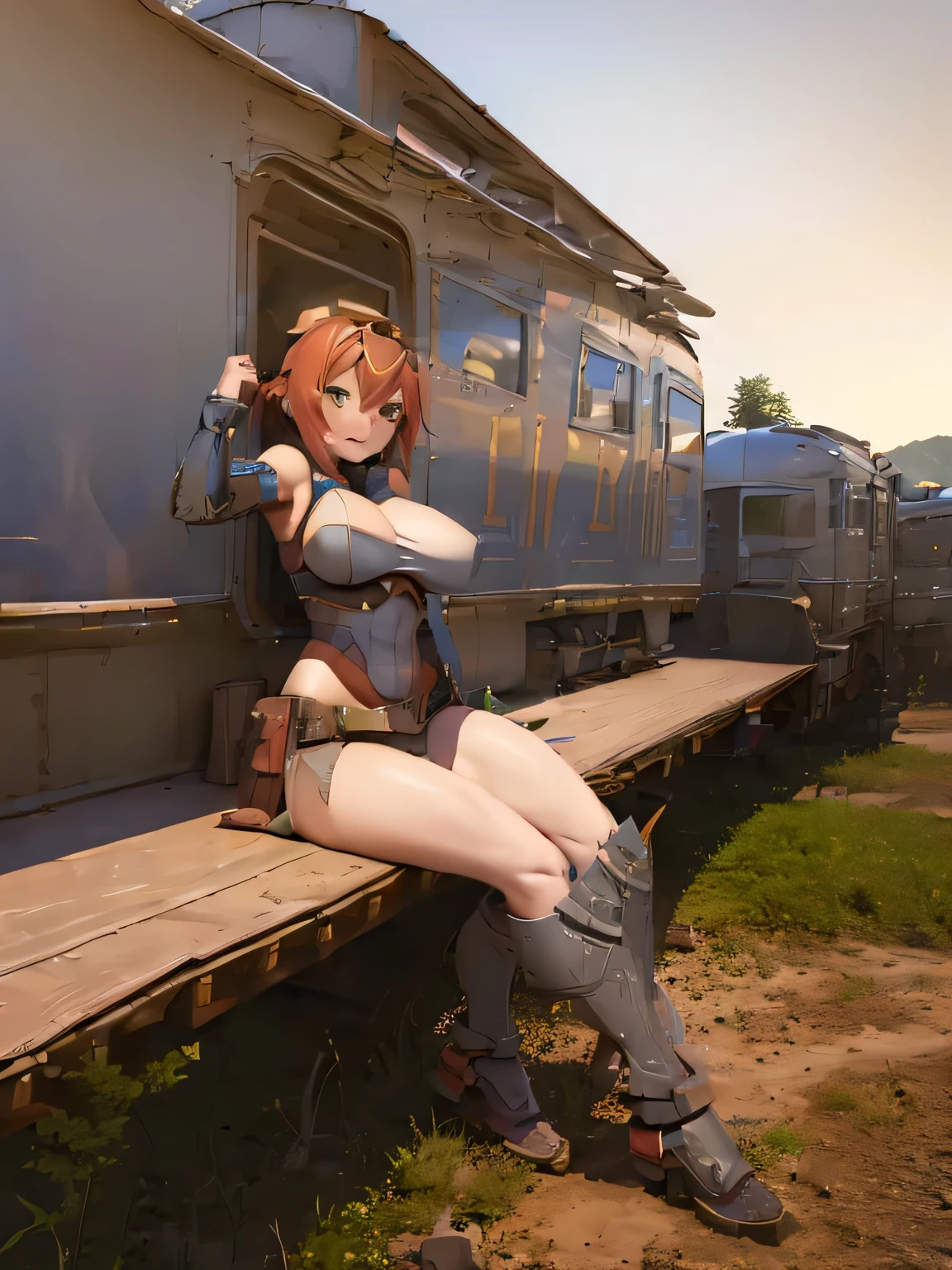 1train, (giant breasts:1.6), train, wilderness background, Armored train,armored