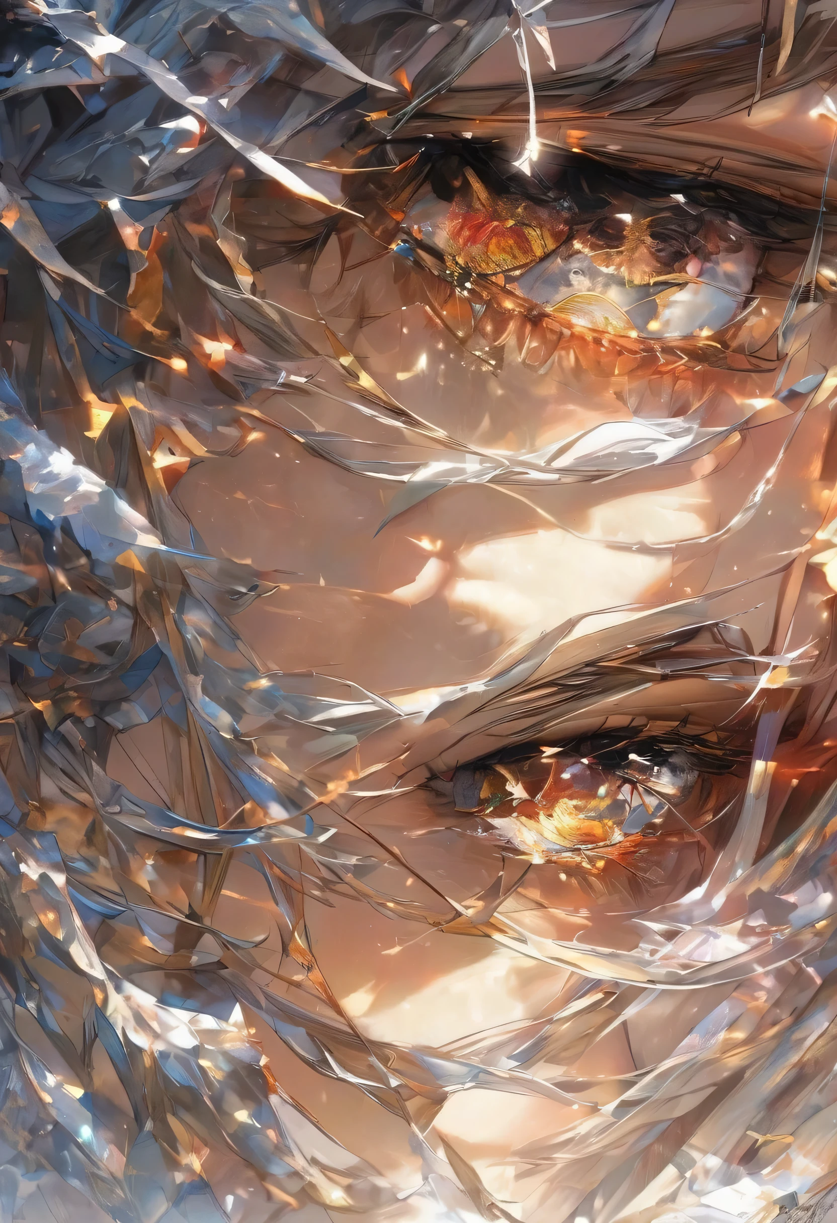 el rostro de un hombre y una mujer, cuyos ojos se encuentran en un intenso contacto visual. En los ojos de la mujer, se refleja una mezcla de esperanza y tormento, como si fueran faros iluminando un camino incierto. El hombre, por su parte, shows an expression of internal conflict, with his heart torn between opposing emotions, como si estuviera perdido en un vendaval de emociones. El sol naciente en el fondo simboliza el amor apasionado que quema en sus corazones, while the winter landscape that fades into the distance represents the icy hatred that threatens to envelop them. La imagen transmite la intensidad de la dualidad emocional que experimentan, con los ojos como testigos silenciosos de su tormento y su esperanza.